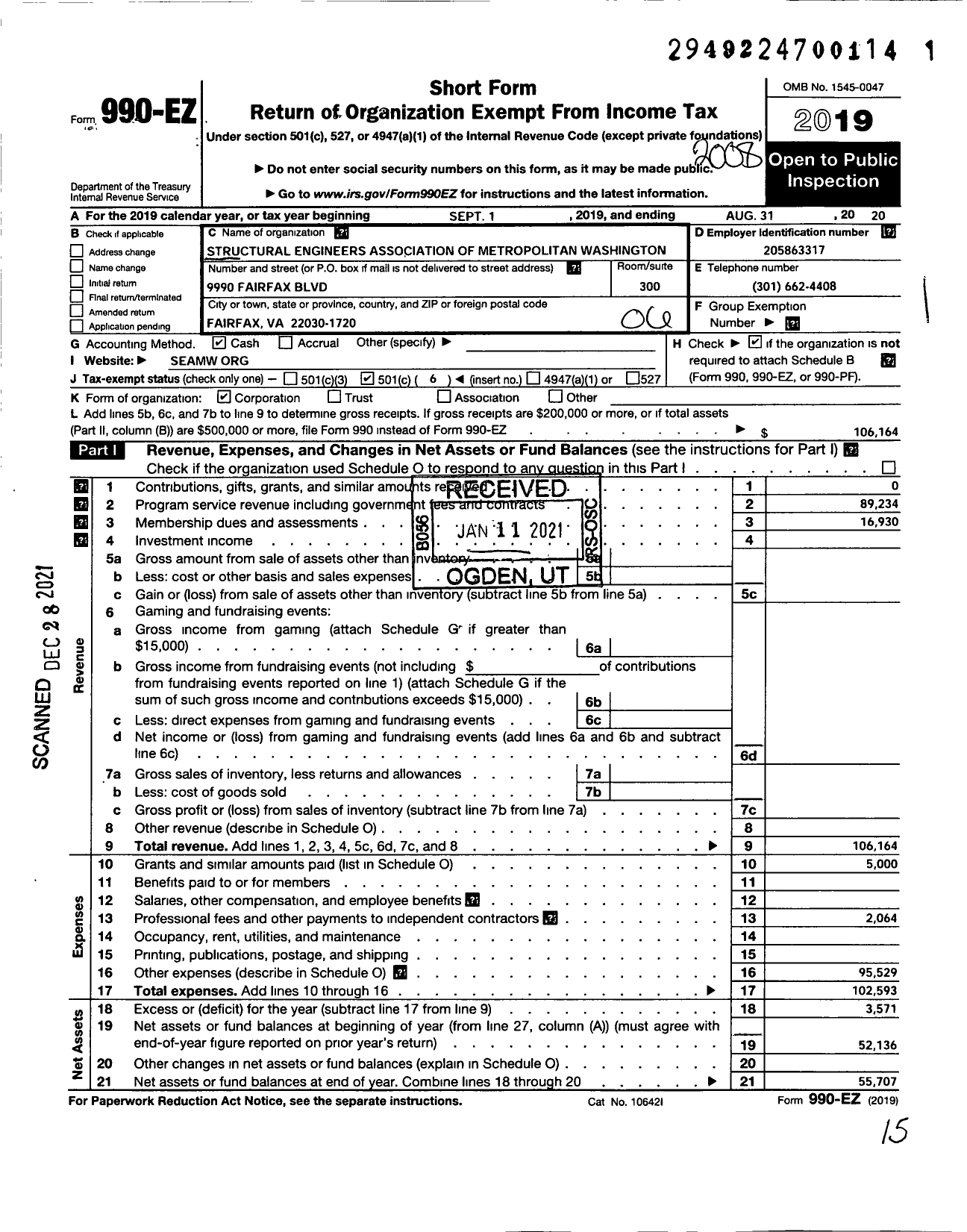 Image of first page of 2019 Form 990EO for Structural Engineering Association of Metropolitan Washington