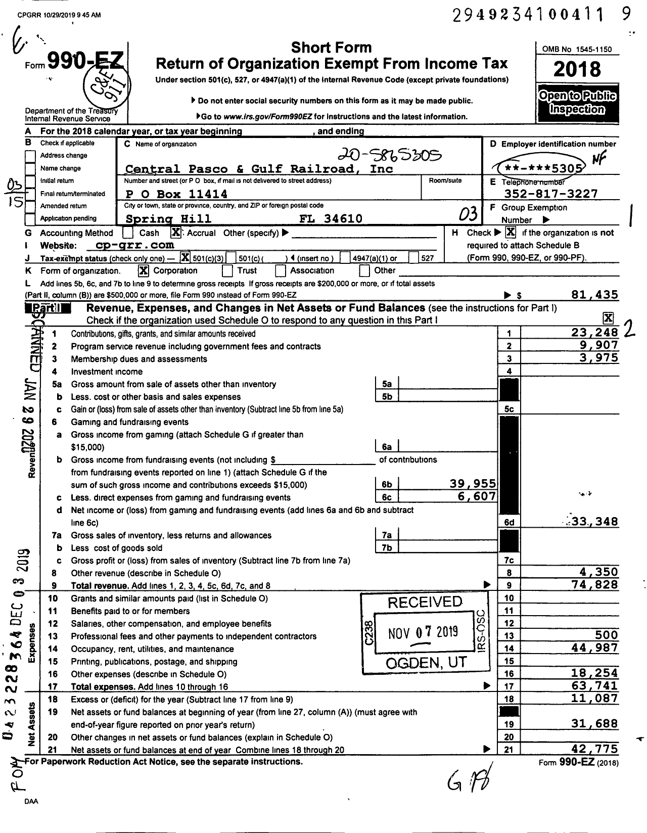 Image of first page of 2018 Form 990EZ for Central Pasco and Gulf Railroad