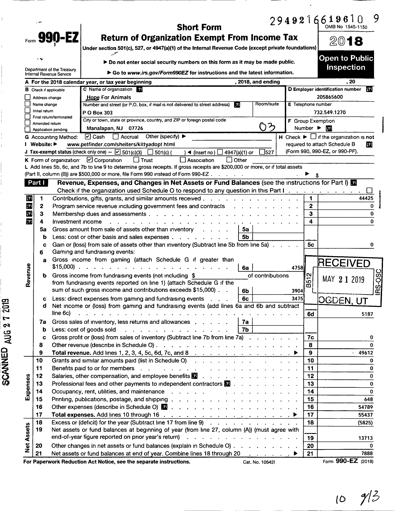 Image of first page of 2018 Form 990EZ for Hope for Animals NJ