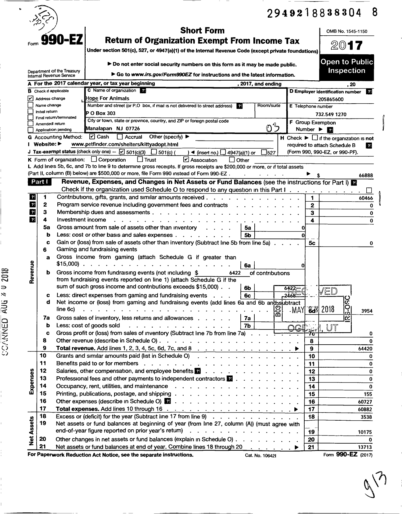 Image of first page of 2017 Form 990EZ for Hope for Animals NJ