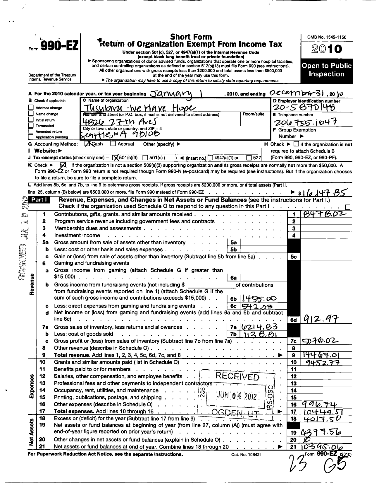 Image of first page of 2010 Form 990EZ for Tusubira - We Have Hope