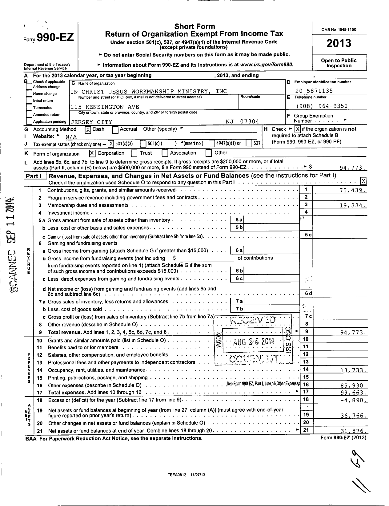 Image of first page of 2013 Form 990EZ for In Christ Jesus Workmanship Ministry