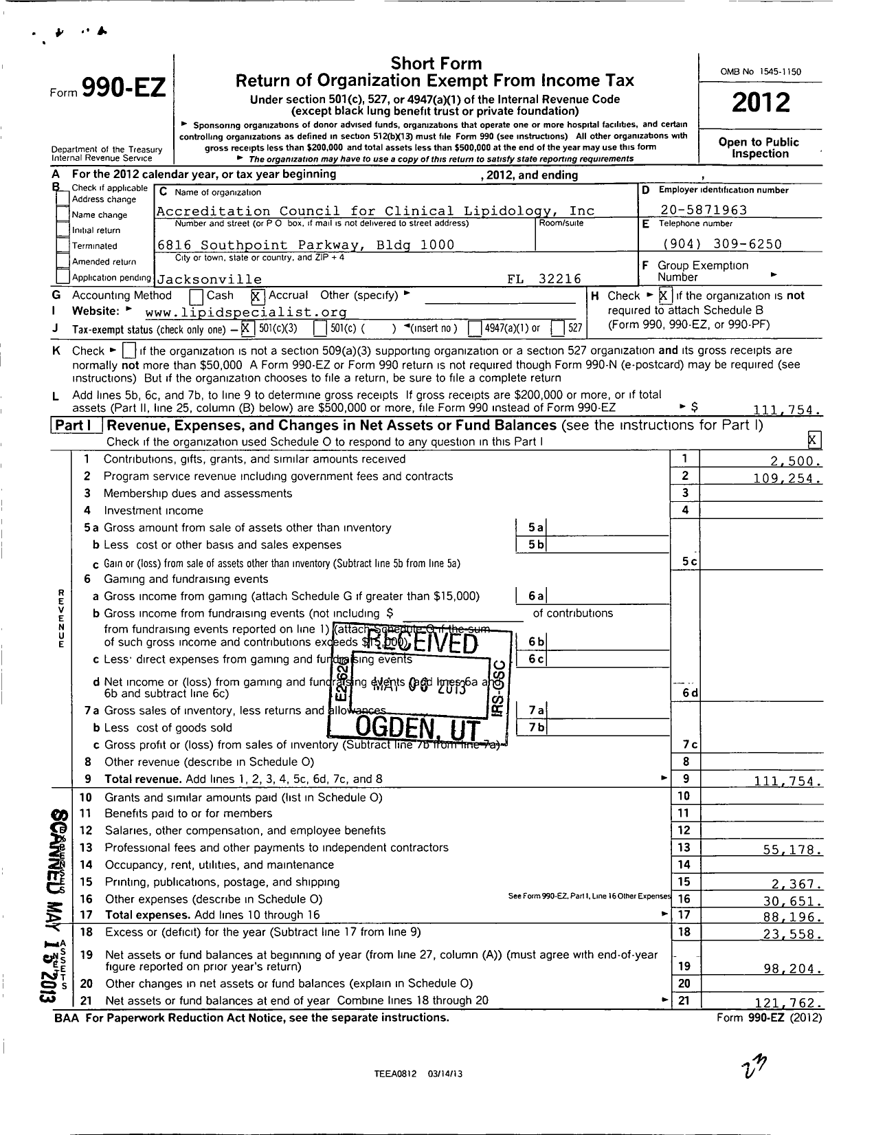 Image of first page of 2012 Form 990EZ for Accreditation Council for Clinical Lipidology