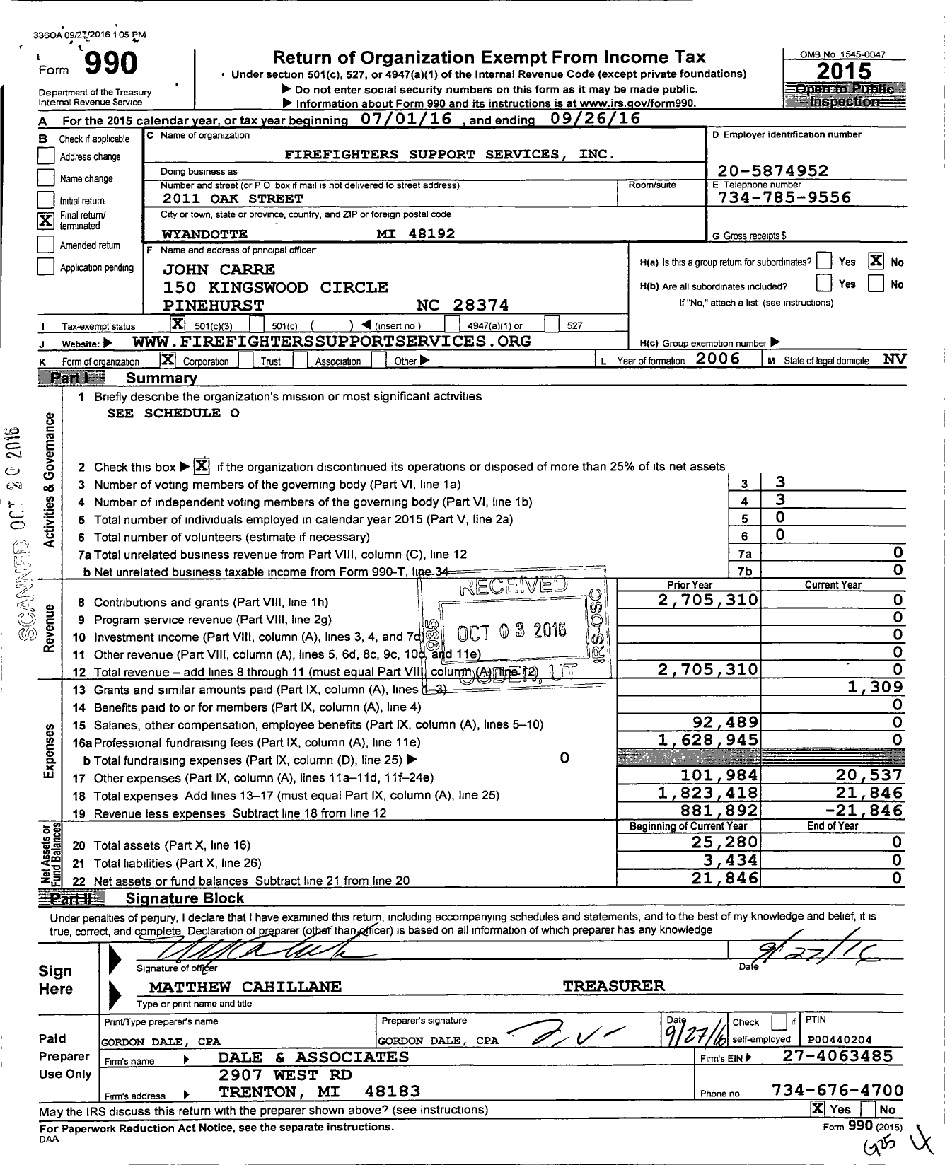 Image of first page of 2015 Form 990 for Firefighters Support Services