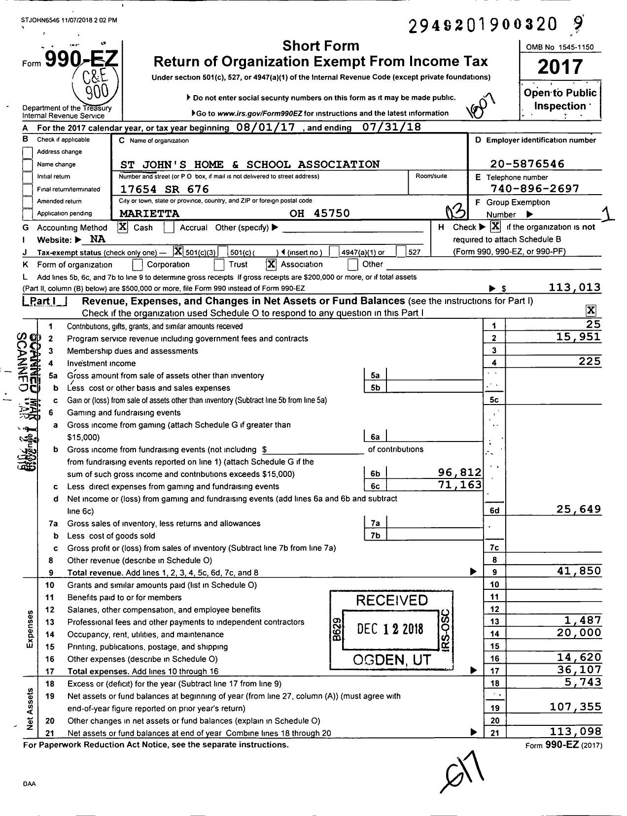 Image of first page of 2017 Form 990EZ for St John's Home and School Association