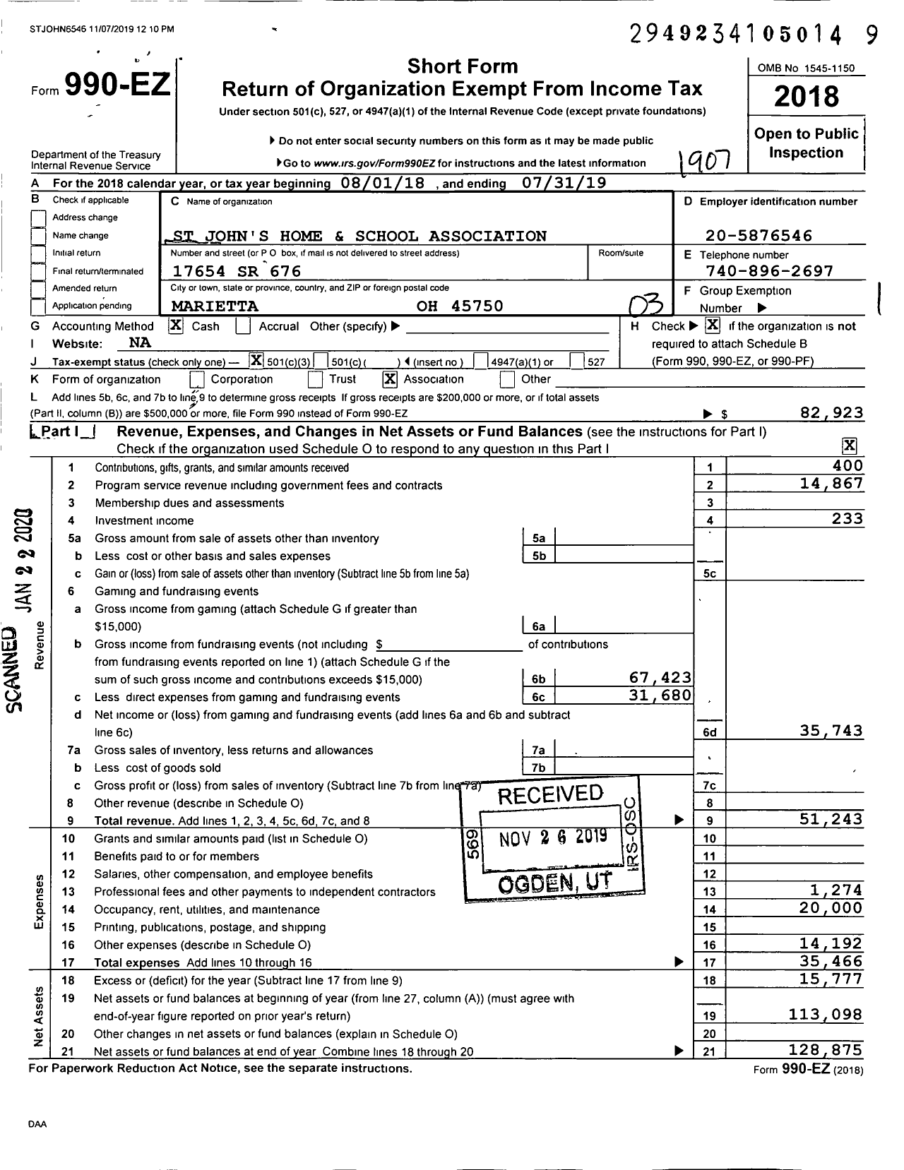 Image of first page of 2018 Form 990EZ for St John's Home and School Association