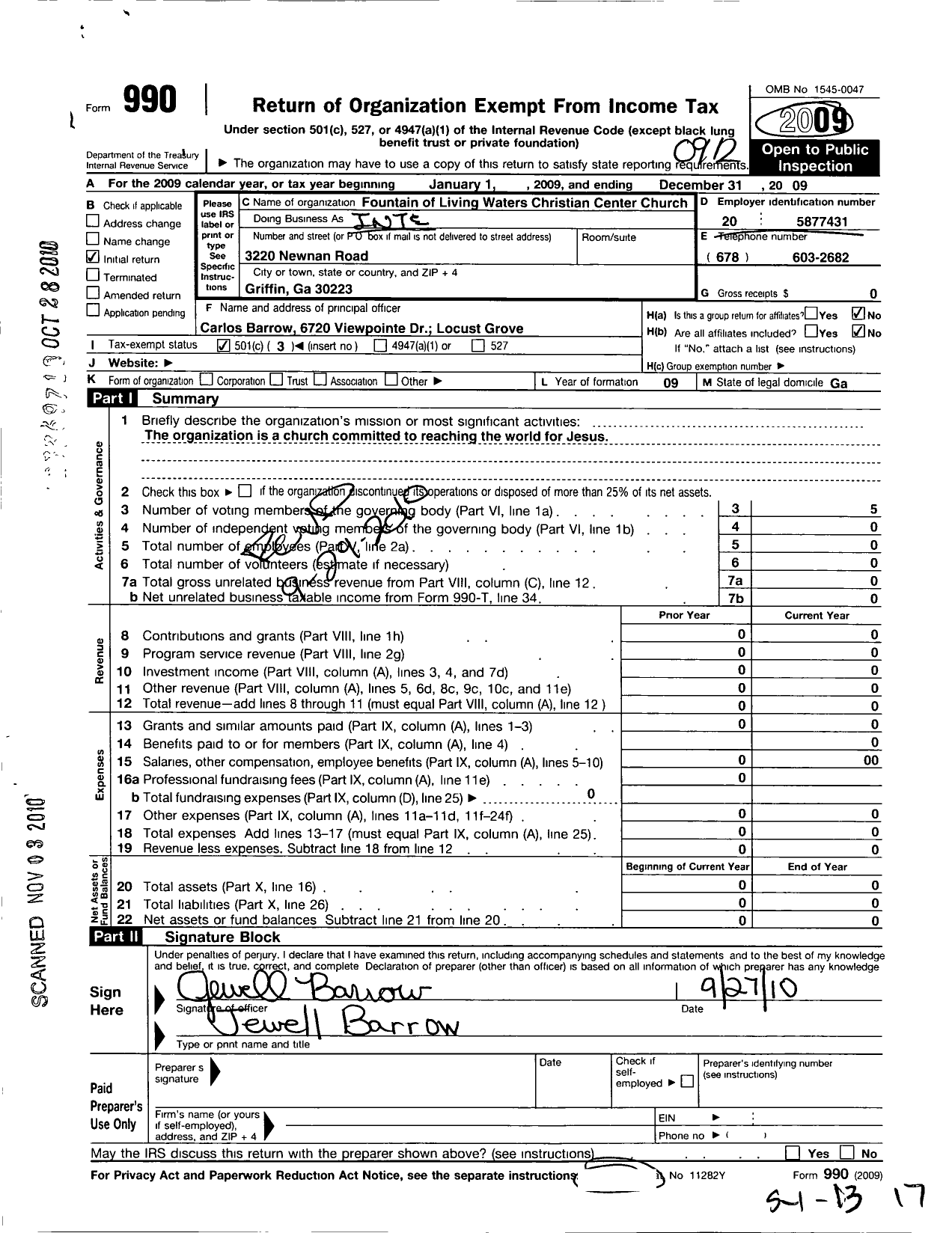 Image of first page of 2009 Form 990 for Fountain of Living Waters Christian Center Church
