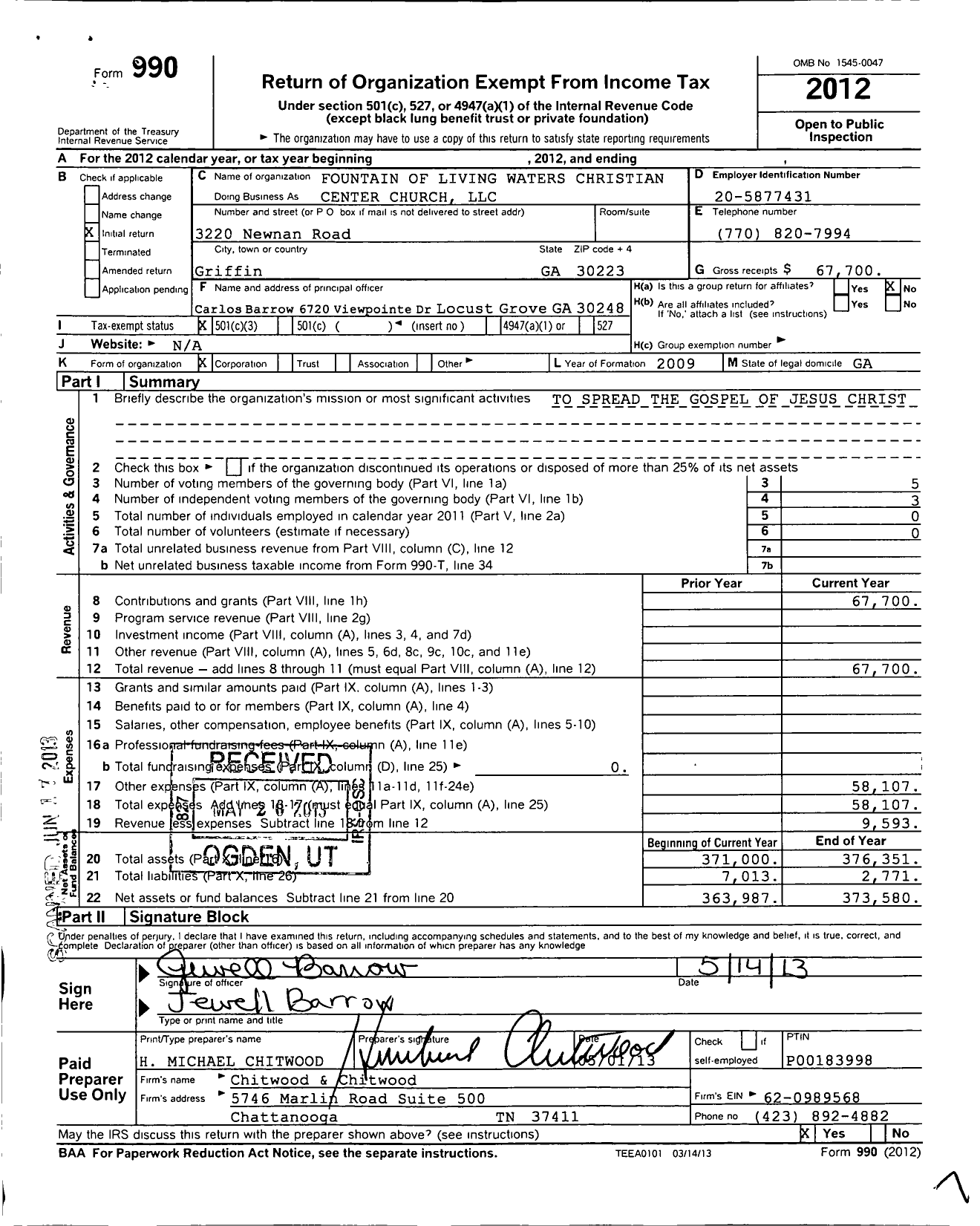 Image of first page of 2012 Form 990 for Fountain of Living Waters Christian Center Church