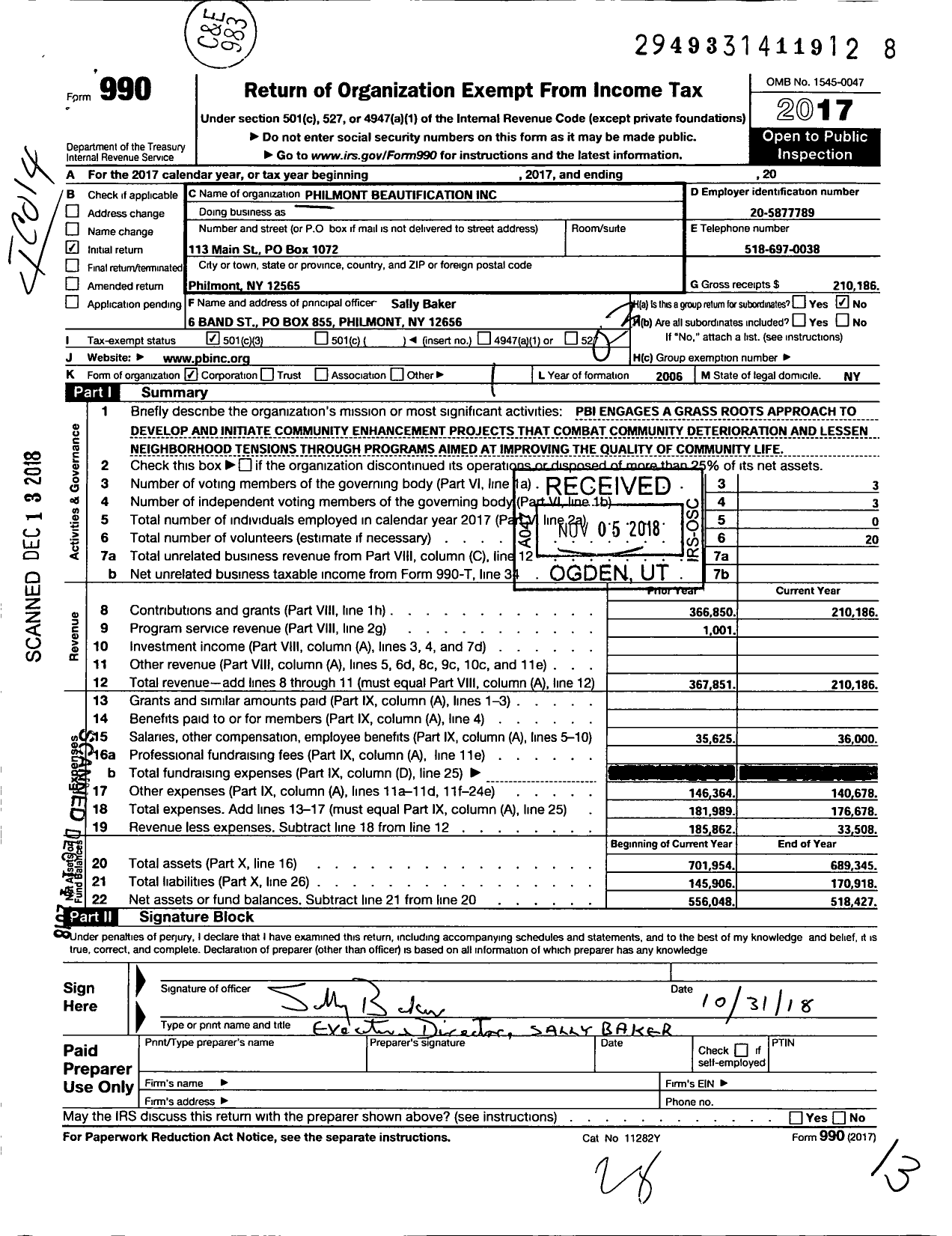 Image of first page of 2017 Form 990 for Philmont Beautification