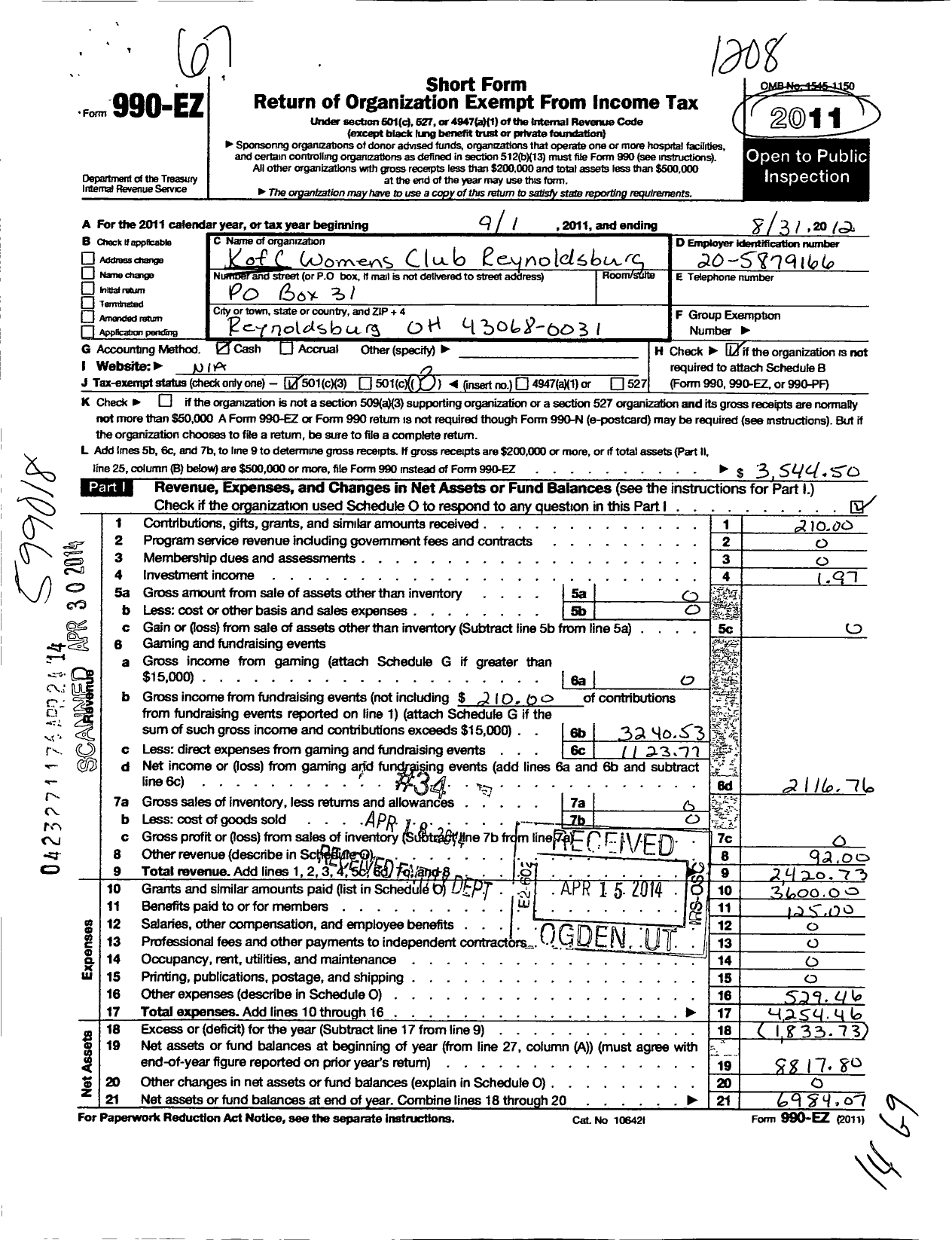 Image of first page of 2011 Form 990EZ for K of C Womens Club Reynoldsburg