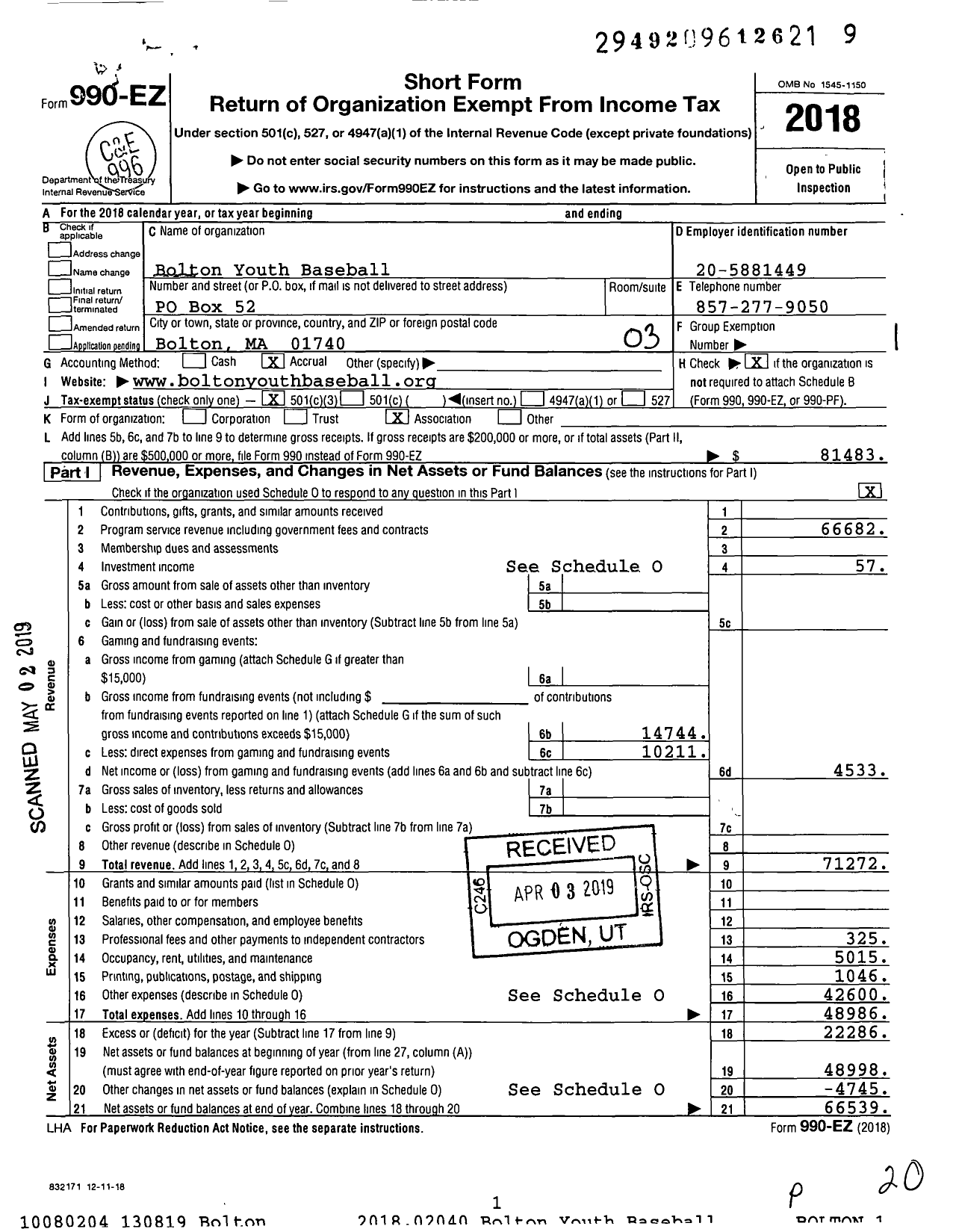 Image of first page of 2018 Form 990EZ for Bolton Youth Baseball