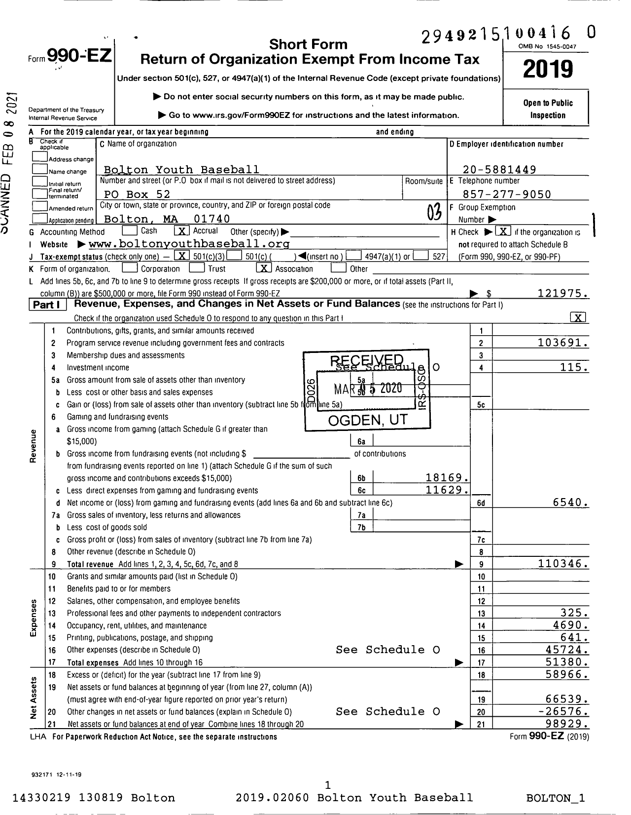 Image of first page of 2019 Form 990EZ for Bolton Youth Baseball