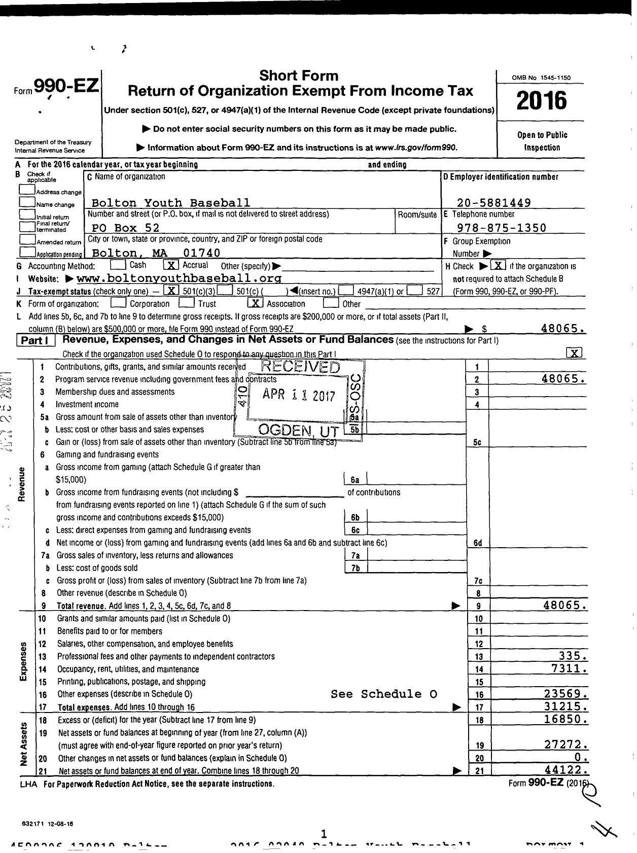 Image of first page of 2016 Form 990EZ for Bolton Youth Baseball