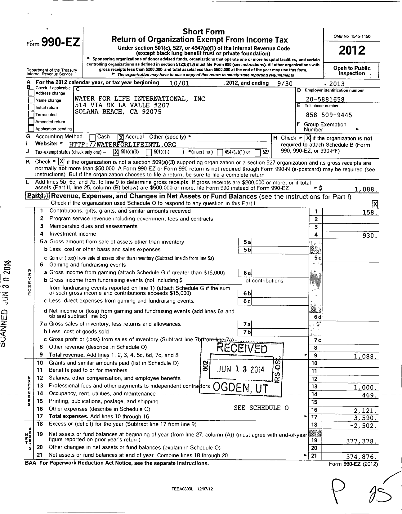 Image of first page of 2012 Form 990EZ for Water for Life International