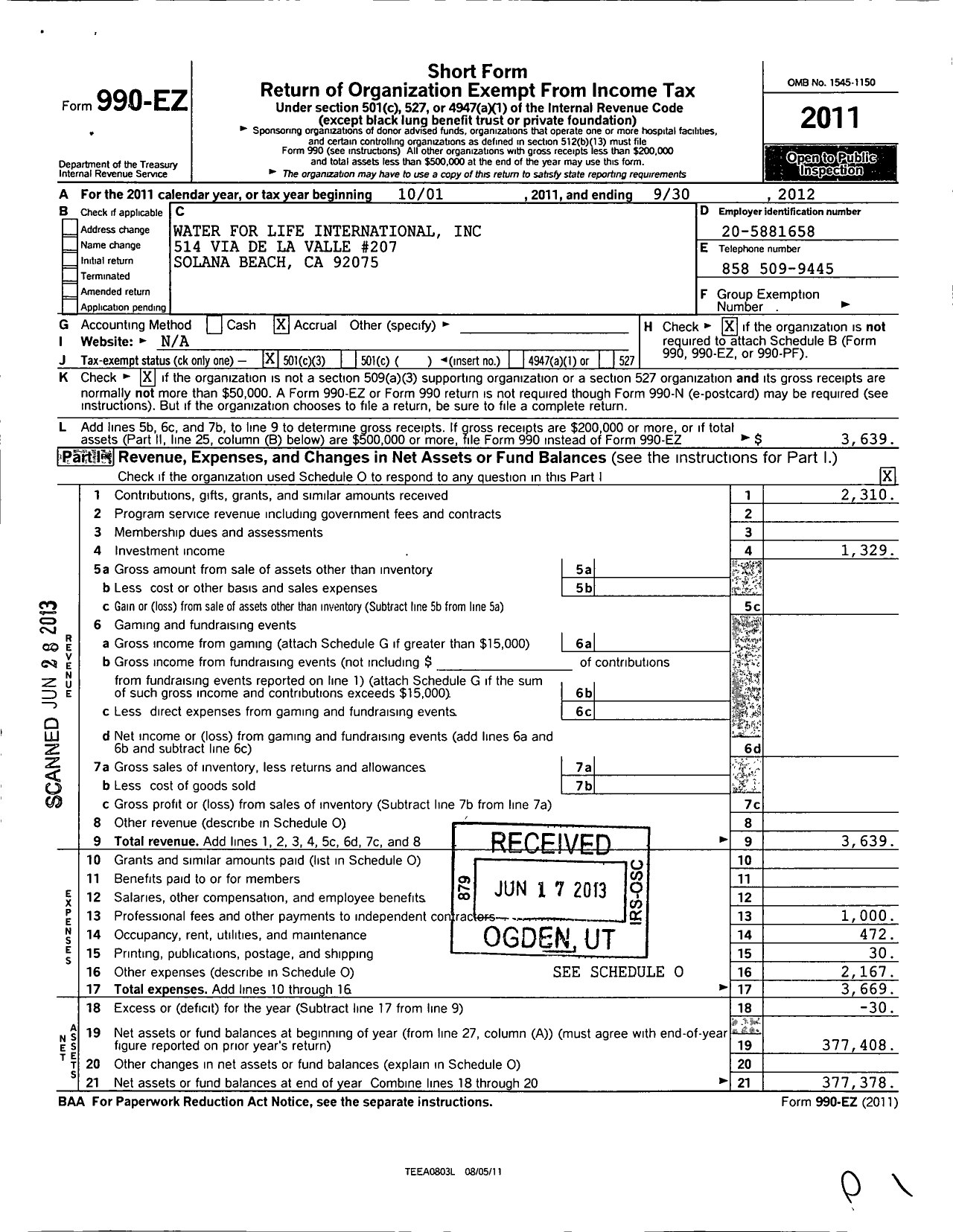 Image of first page of 2011 Form 990EZ for Water for Life International