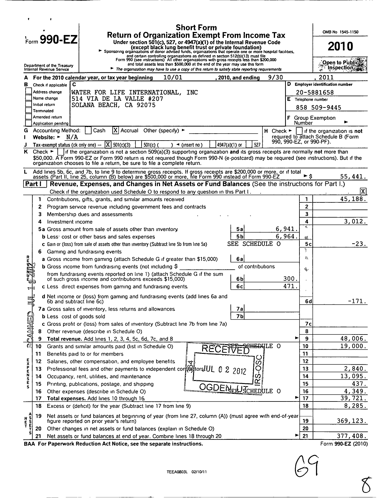 Image of first page of 2010 Form 990EZ for Water for Life International