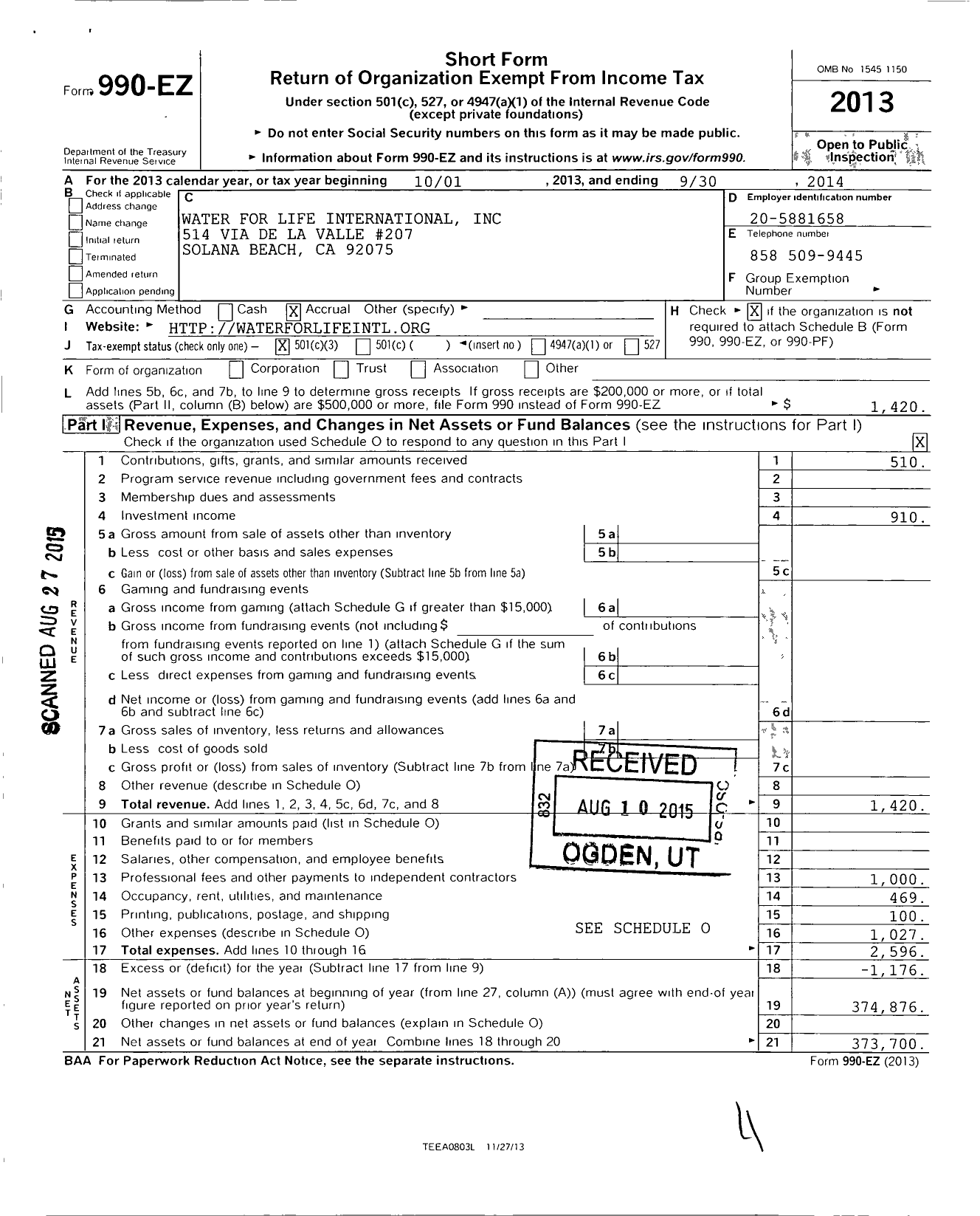 Image of first page of 2013 Form 990EZ for Water for Life International