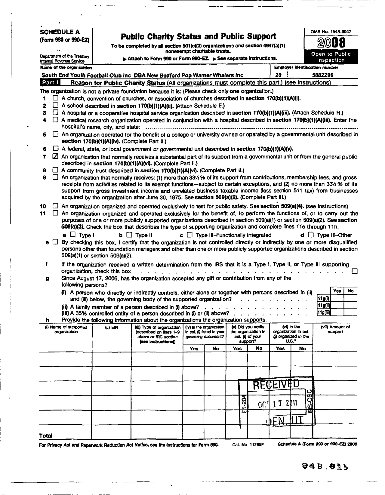 Image of first page of 2008 Form 990ER for New Bedford Pop Warner Whalers