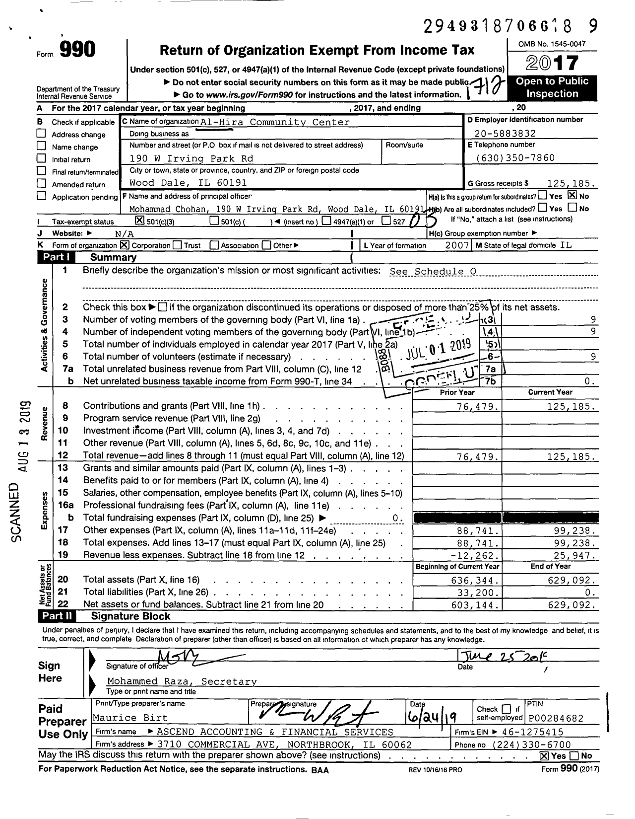 Image of first page of 2017 Form 990 for Al-Hira Community Center