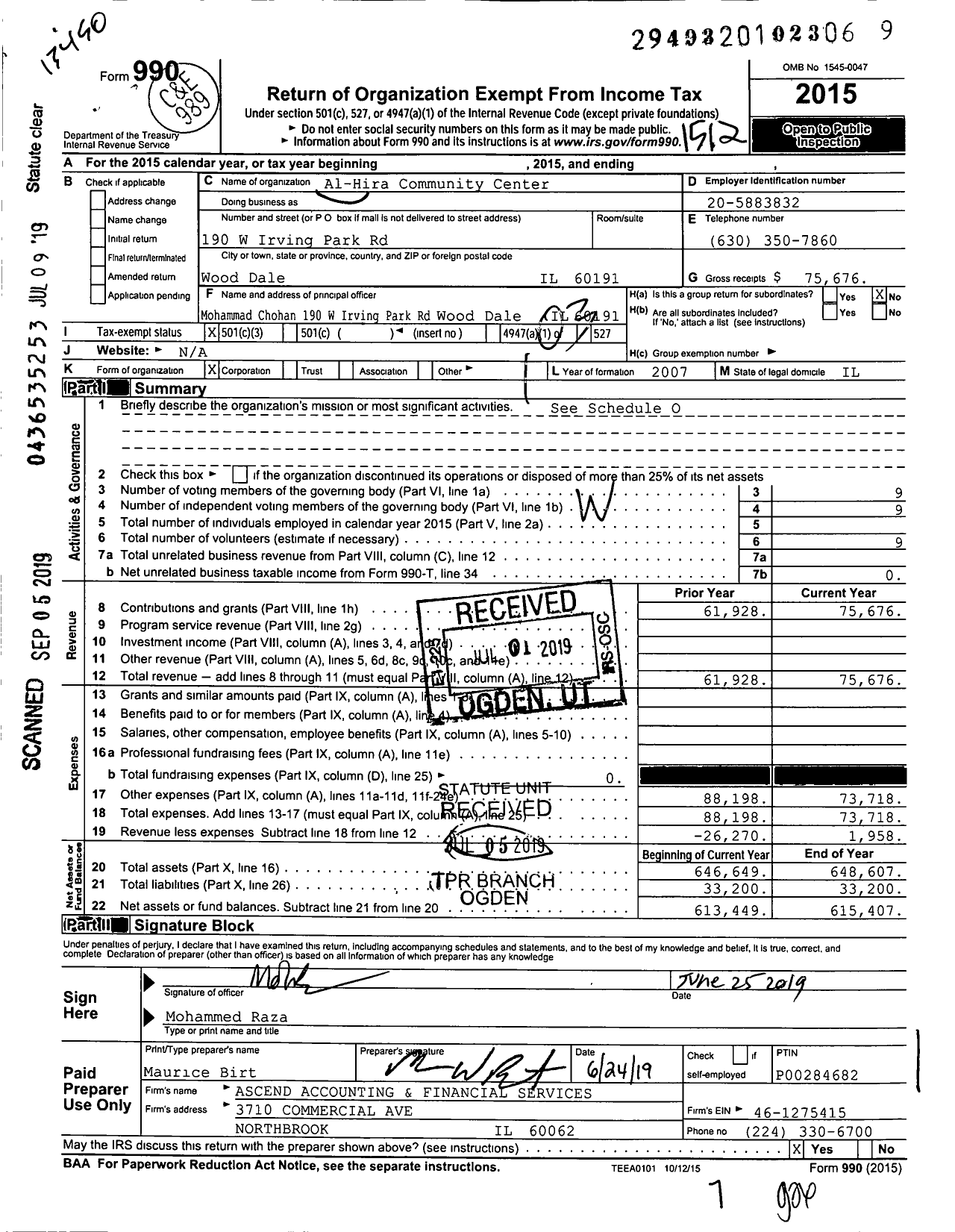 Image of first page of 2015 Form 990 for Al-Hira Community Center