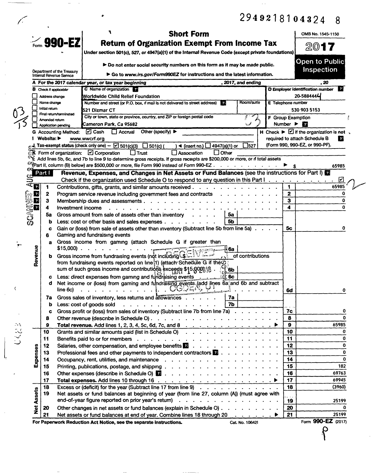 Image of first page of 2017 Form 990EZ for Worldwide Child Relief Foundation