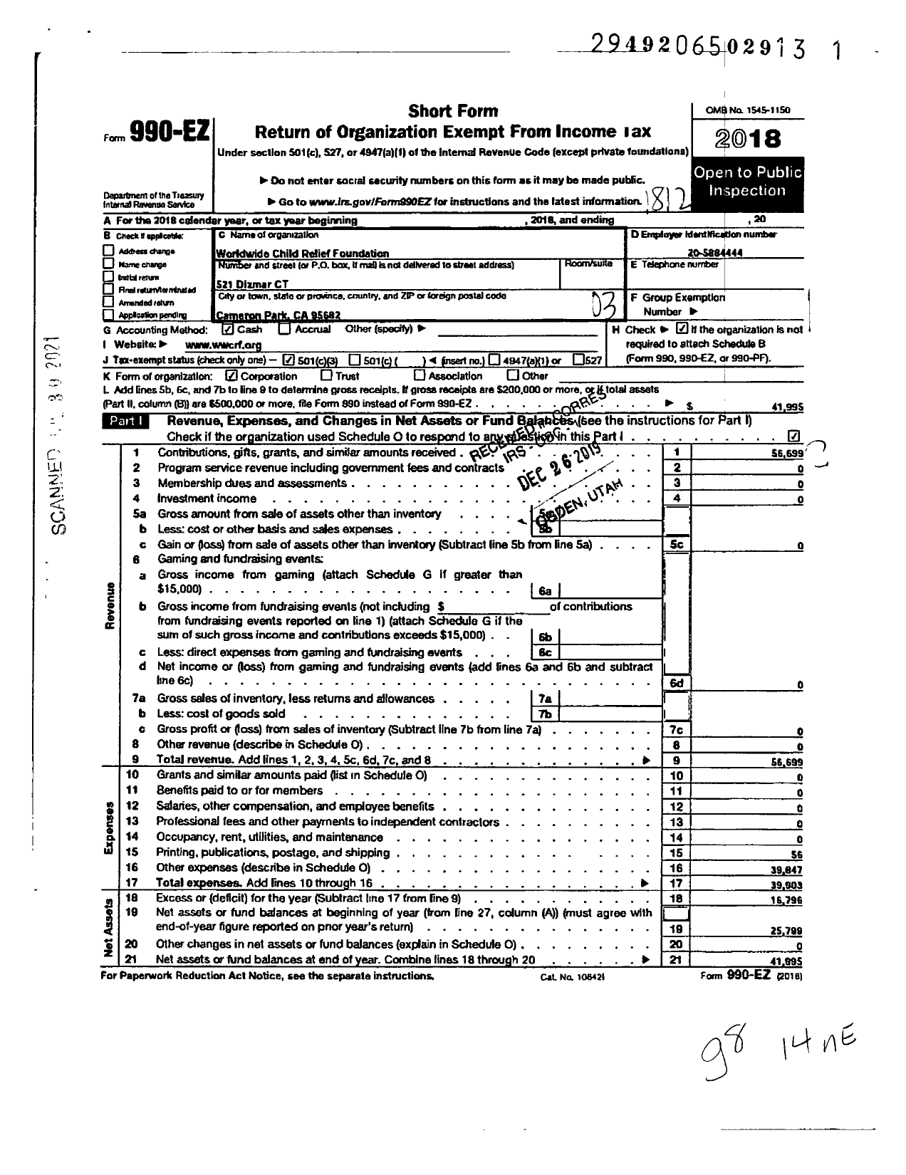 Image of first page of 2018 Form 990EZ for Worldwide Child Relief Foundation