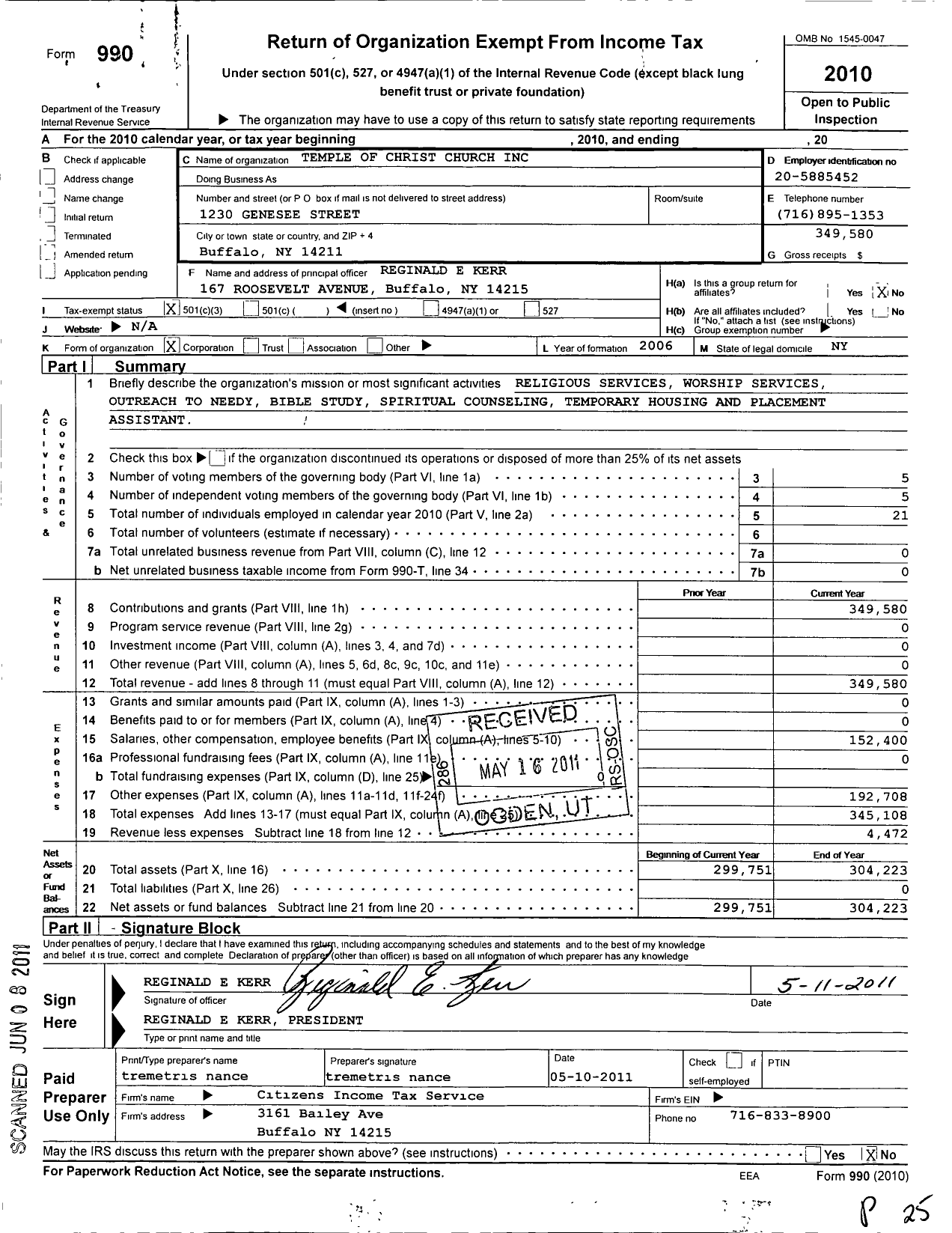 Image of first page of 2010 Form 990 for Temple of Christ Church