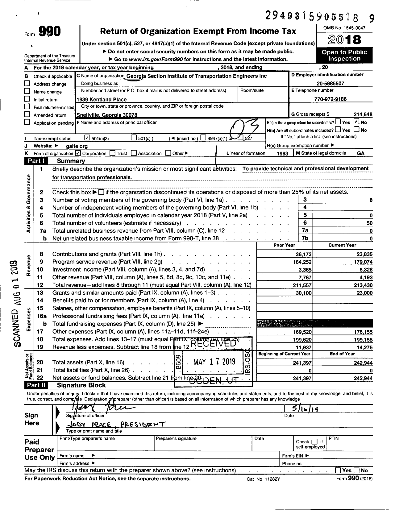 Image of first page of 2018 Form 990 for Georgia Section Institute of Transportation Engineers