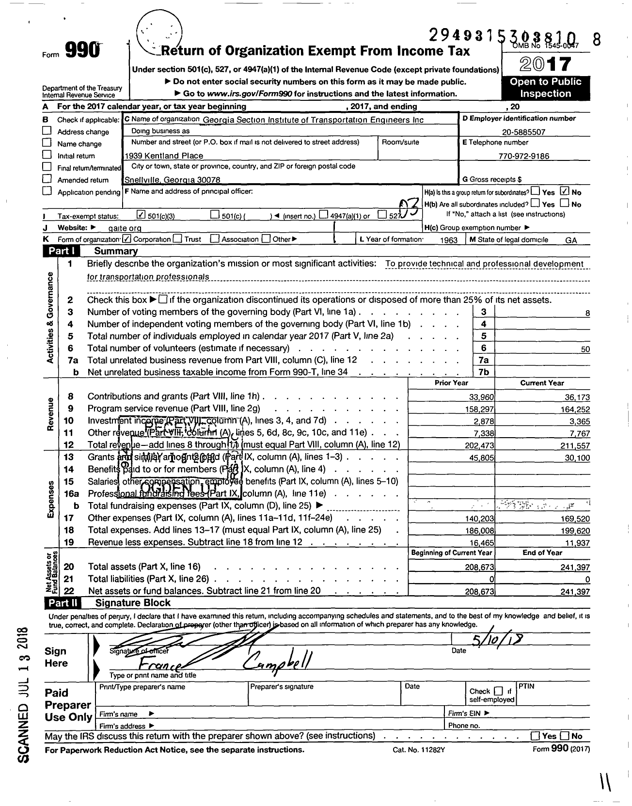 Image of first page of 2017 Form 990 for Georgia Section Institute of Transportation Engineers