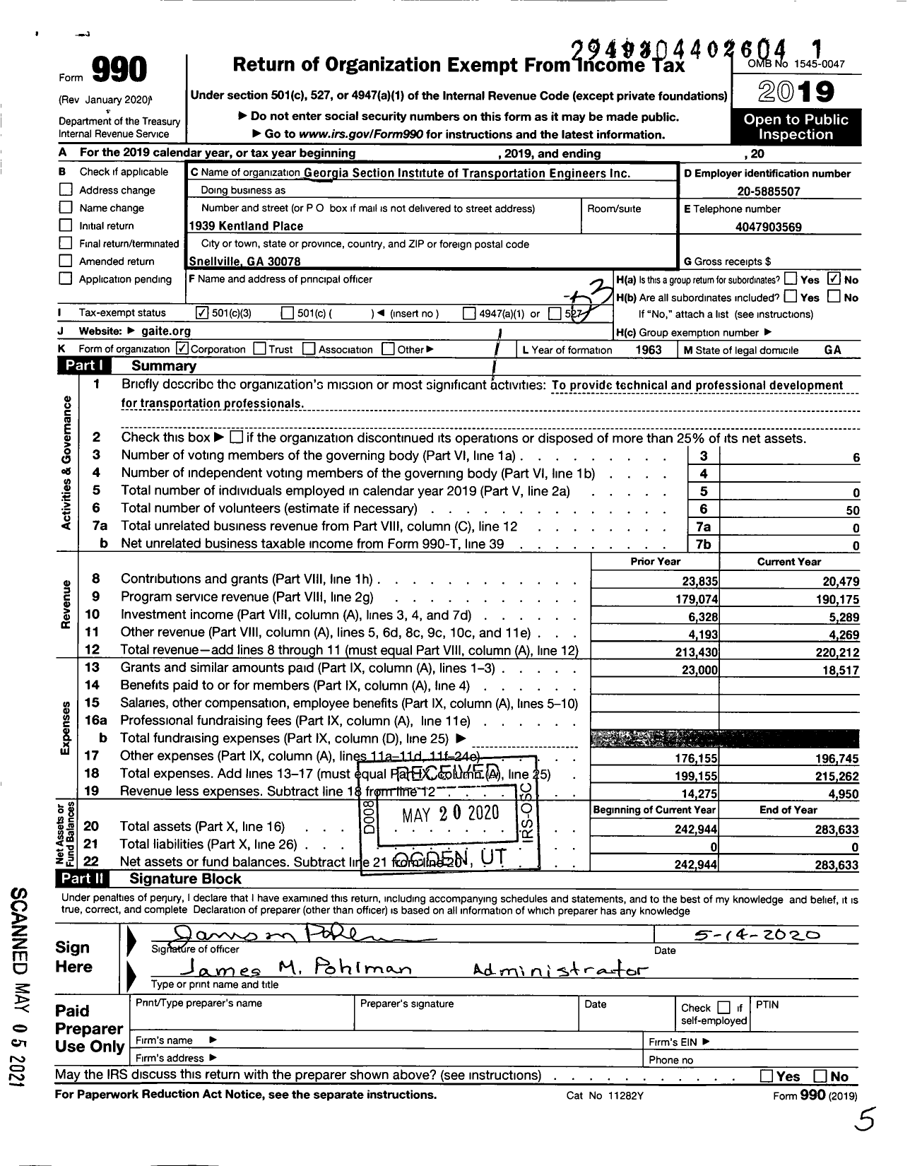 Image of first page of 2019 Form 990 for Georgia Section Institute of Transportation Engineers