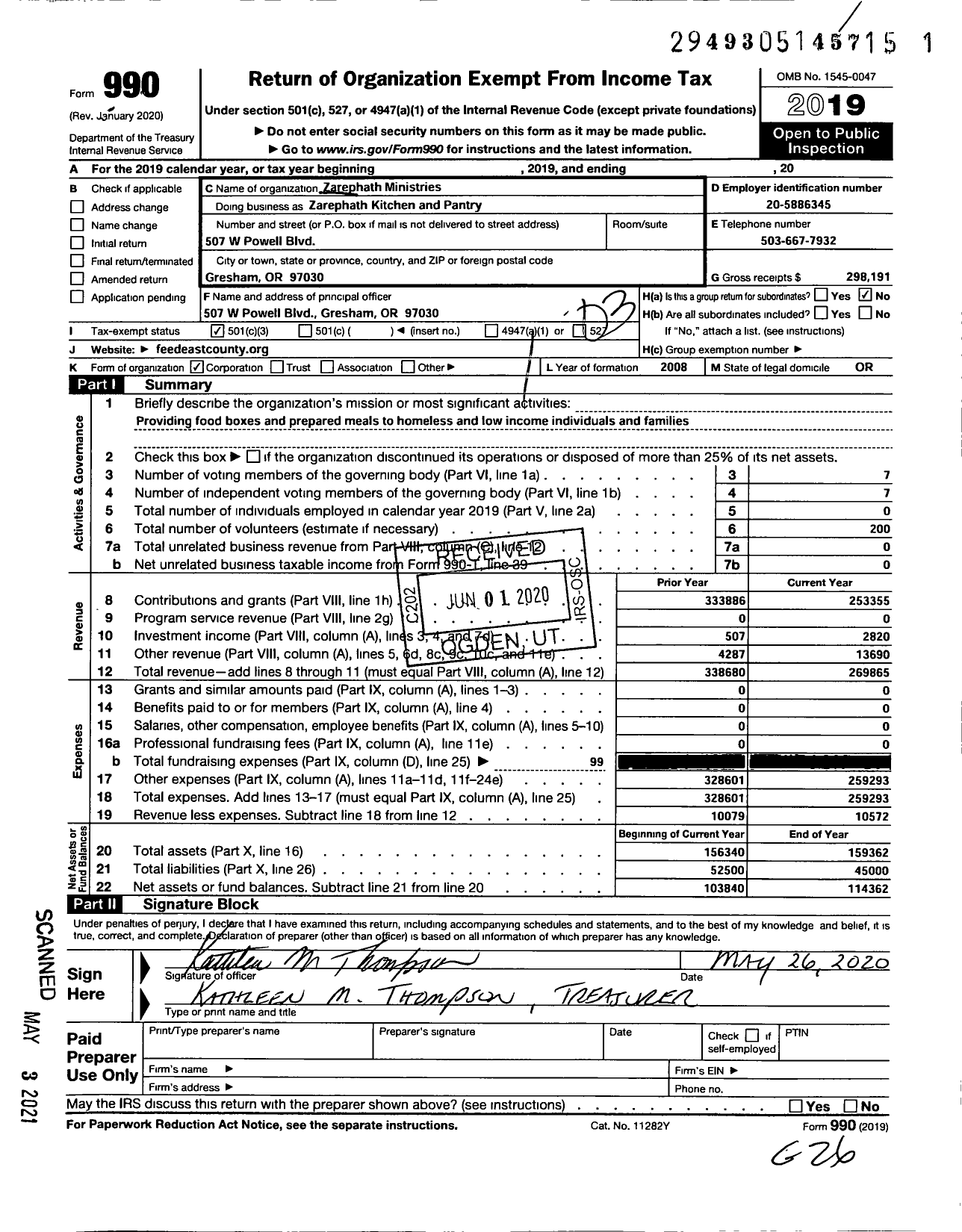 Image of first page of 2019 Form 990 for Zarephah Kitchen and Pantry