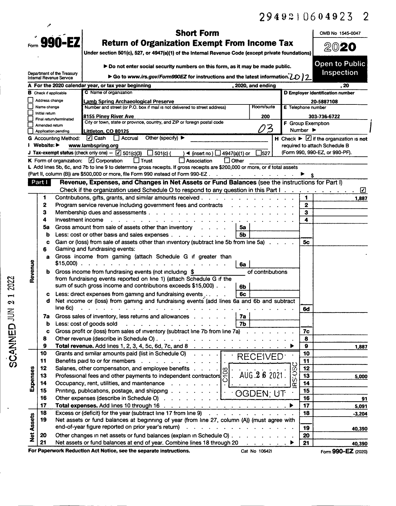 Image of first page of 2020 Form 990EZ for Lamb Spring Archaeological Preserve