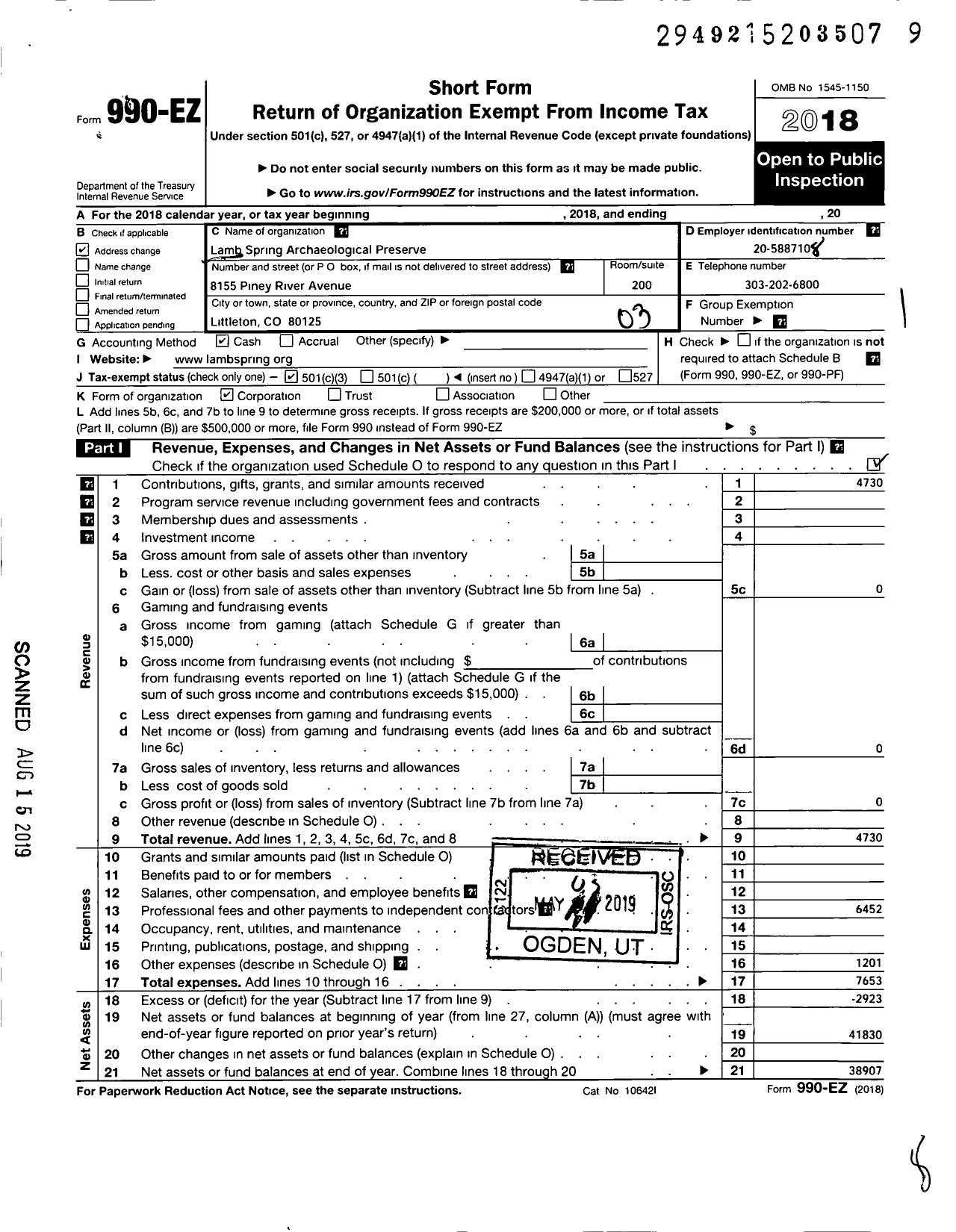 Image of first page of 2018 Form 990EZ for Lamb Spring Archaeological Preserve