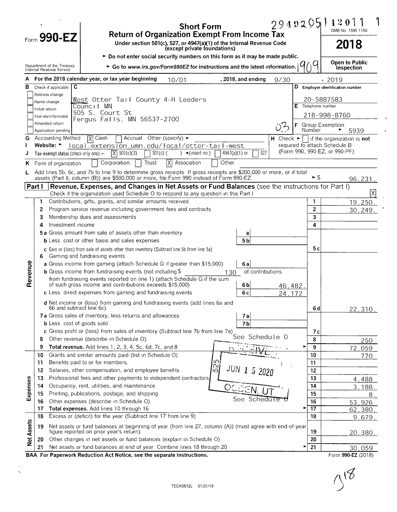 Image of first page of 2018 Form 990EZ for West Otter Tail County 4-H Leaders Council MN