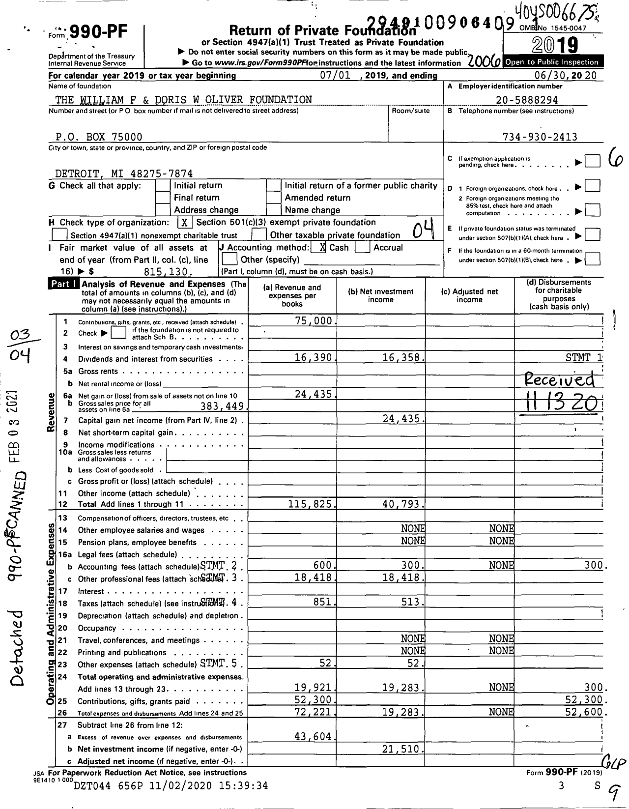 Image of first page of 2019 Form 990PF for William F and Doris W Oliver Foundation