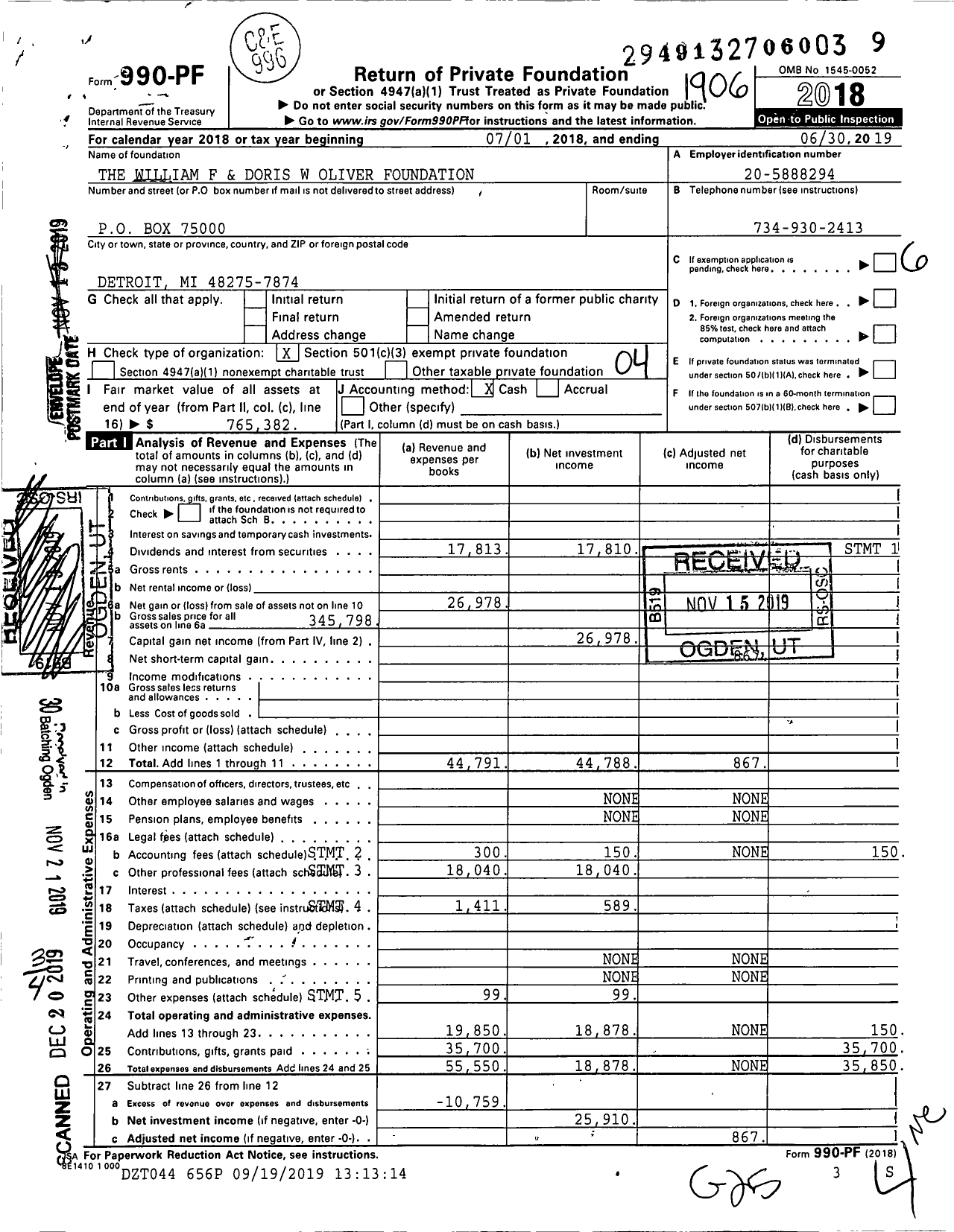 Image of first page of 2018 Form 990PF for William F and Doris W Oliver Foundation