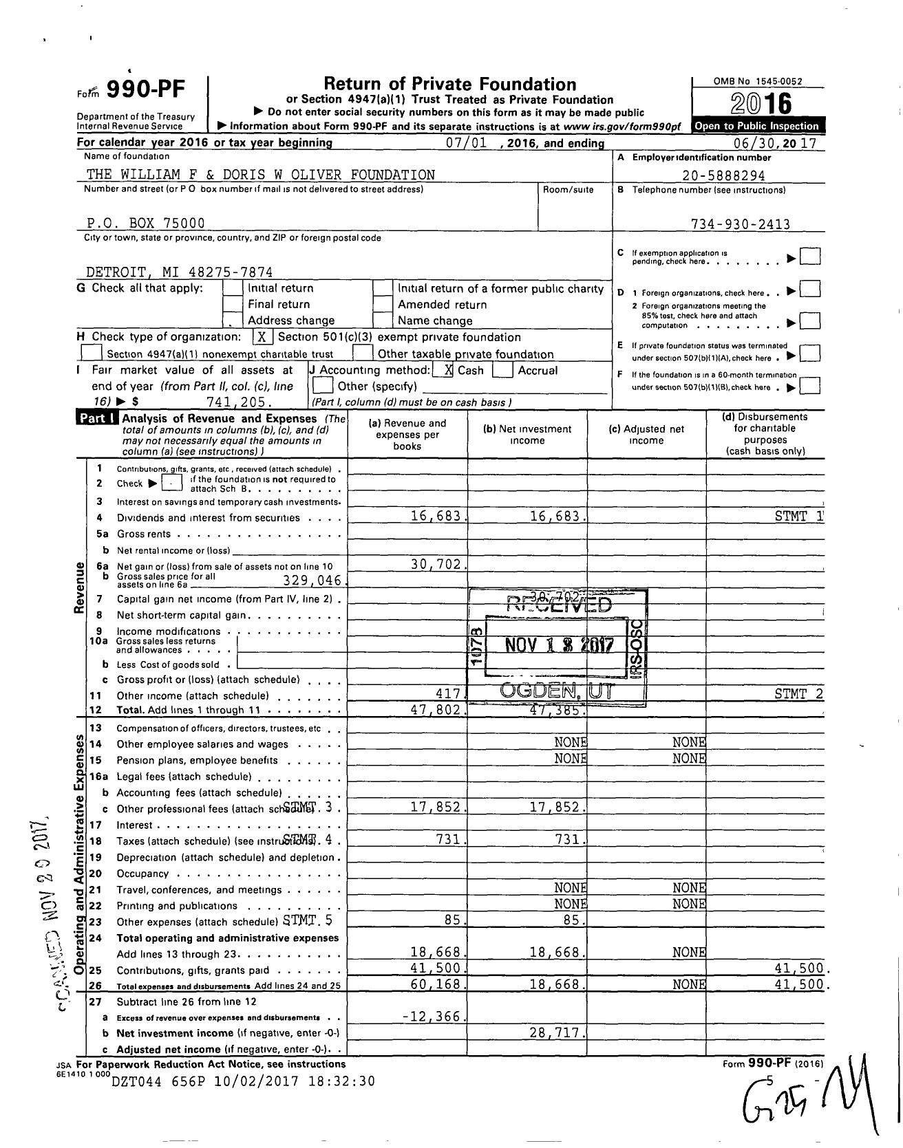 Image of first page of 2016 Form 990PF for William F and Doris W Oliver Foundation