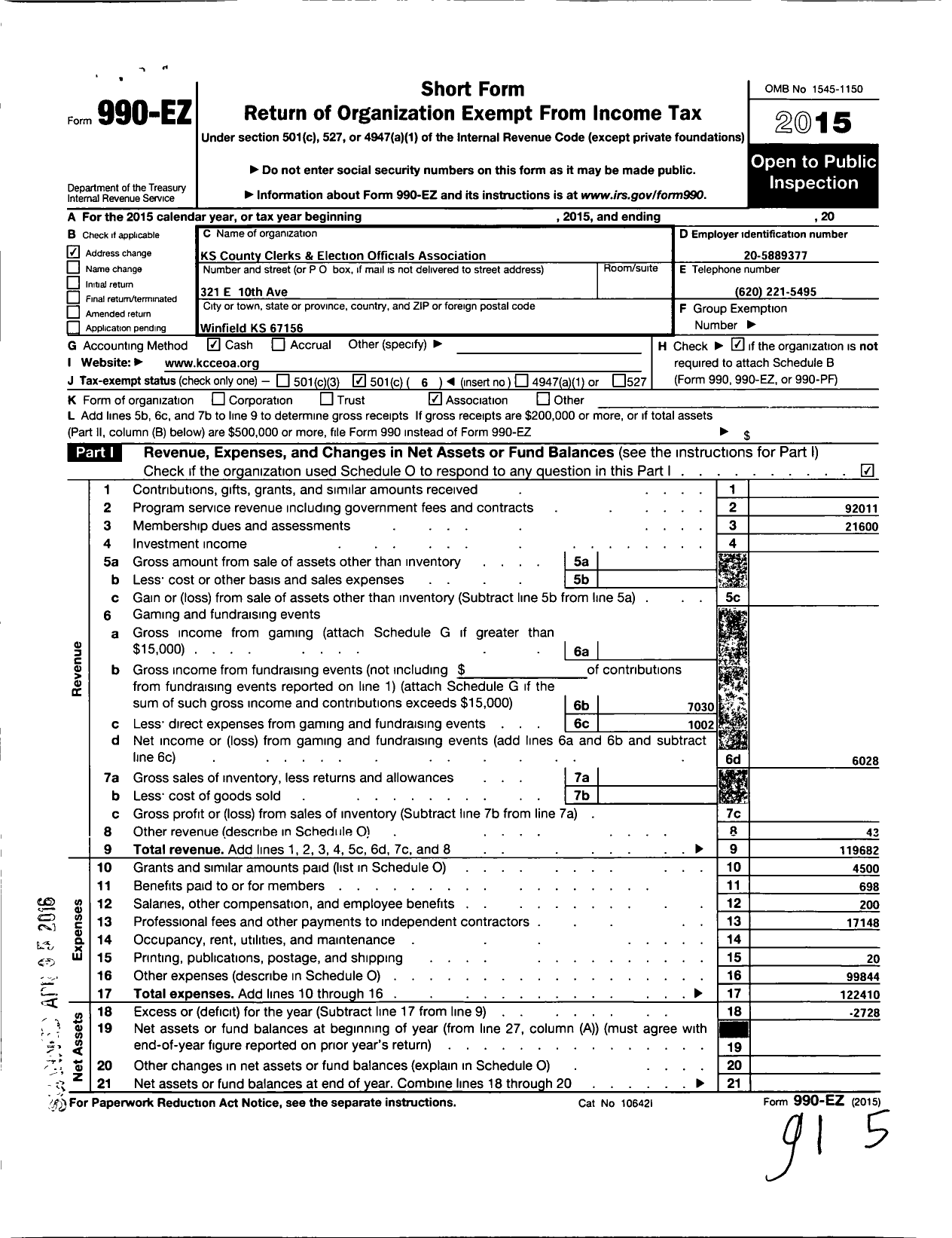 Image of first page of 2015 Form 990EO for Kansas County Clerks and Election Officials Association