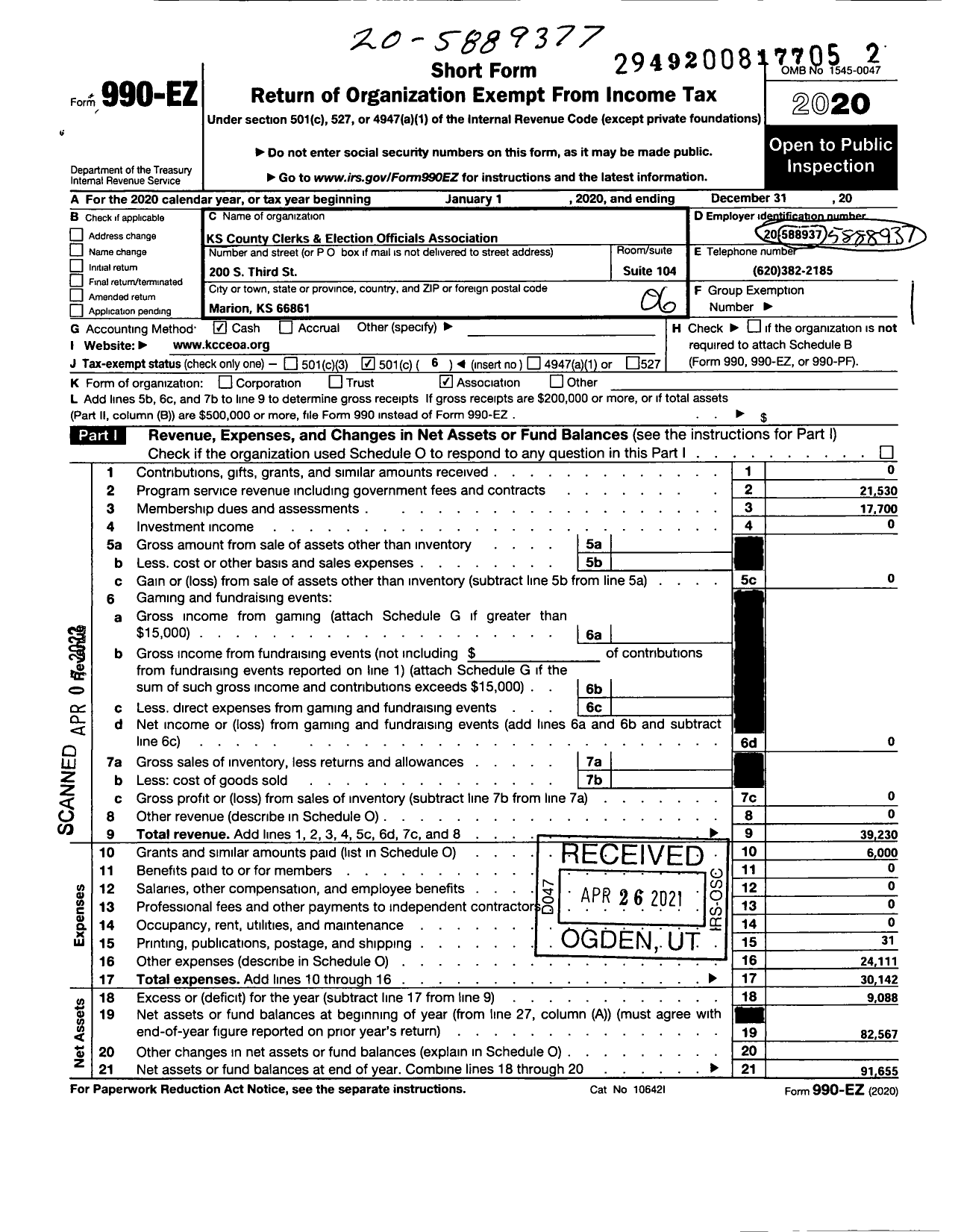 Image of first page of 2020 Form 990EO for Kansas County Clerks and Election Officials Association