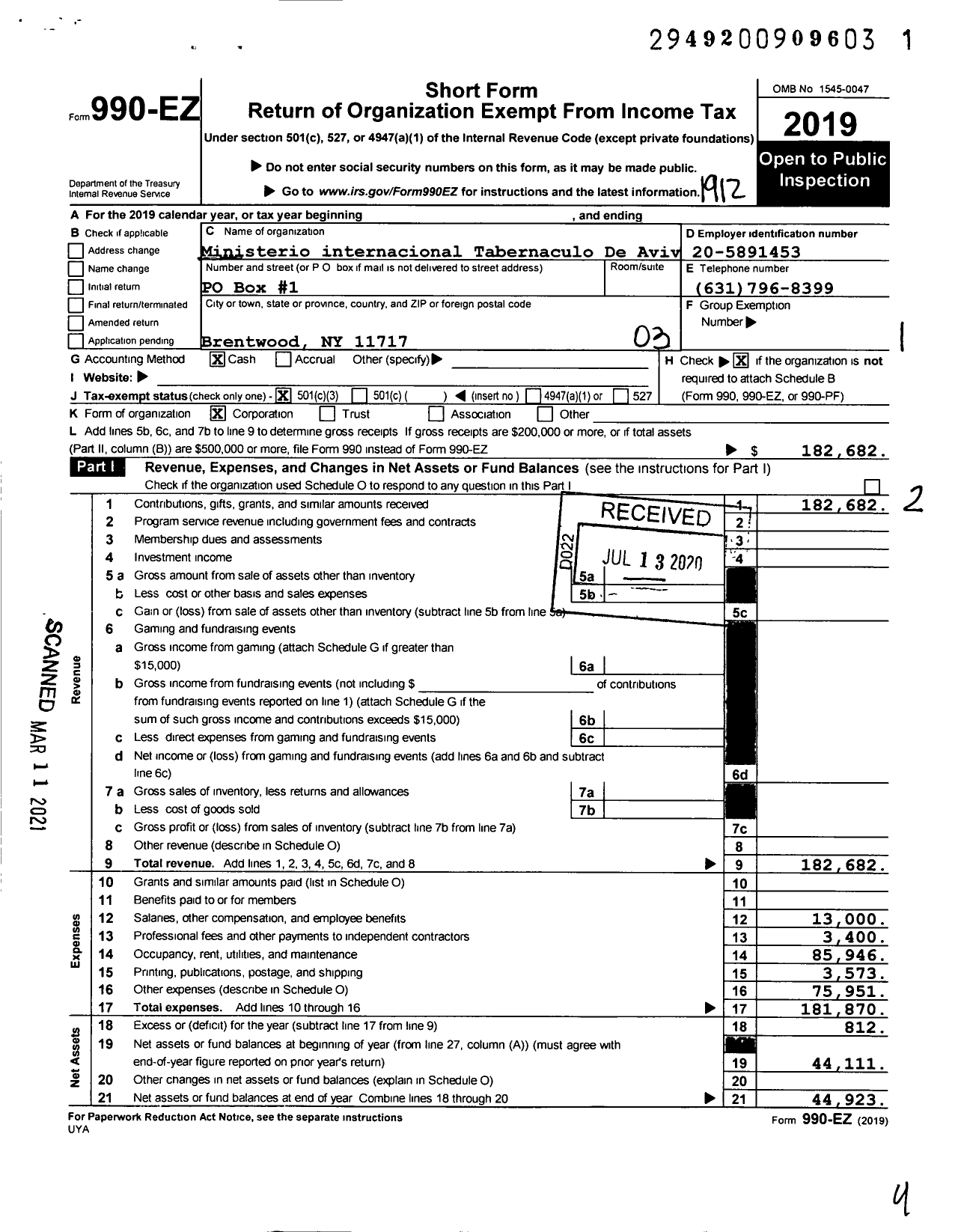 Image of first page of 2019 Form 990EZ for Ministerio internacional Tabernaculo De Avivamiento