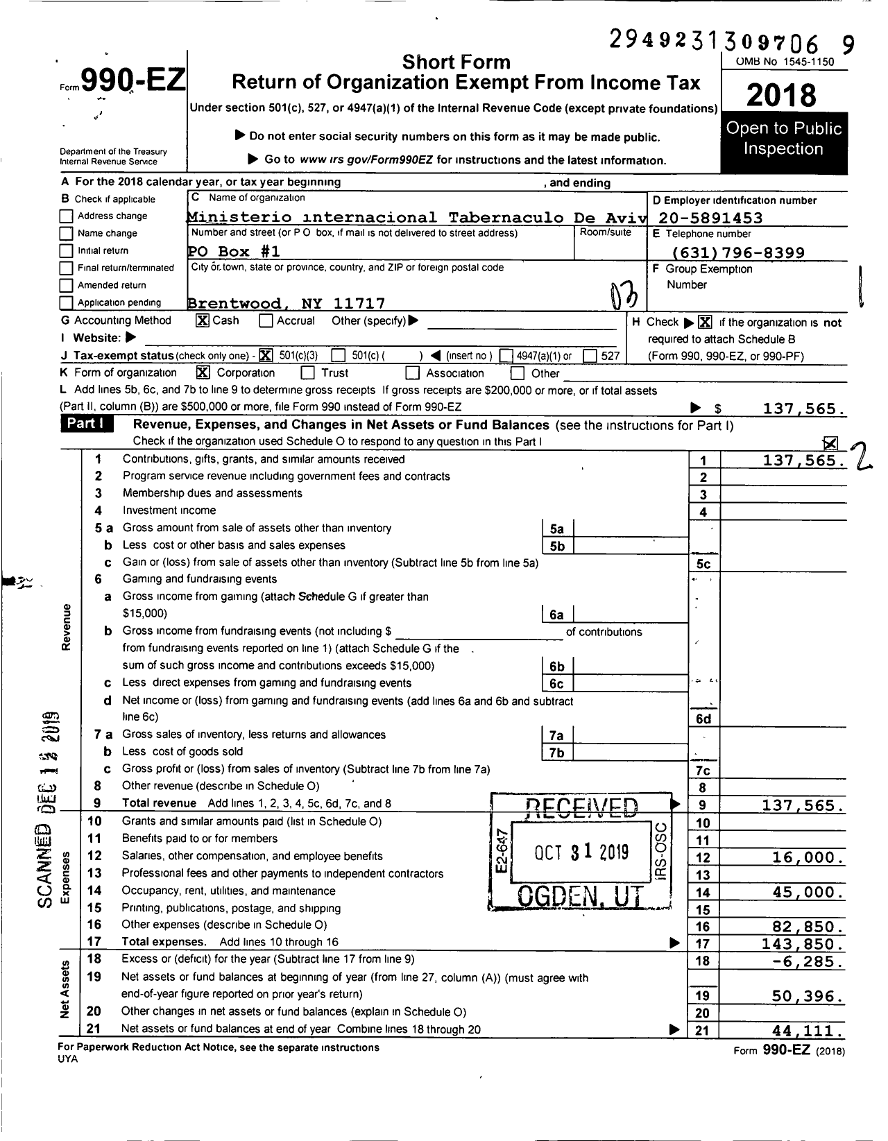 Image of first page of 2018 Form 990EZ for Ministerio internacional Tabernaculo De Avivamiento