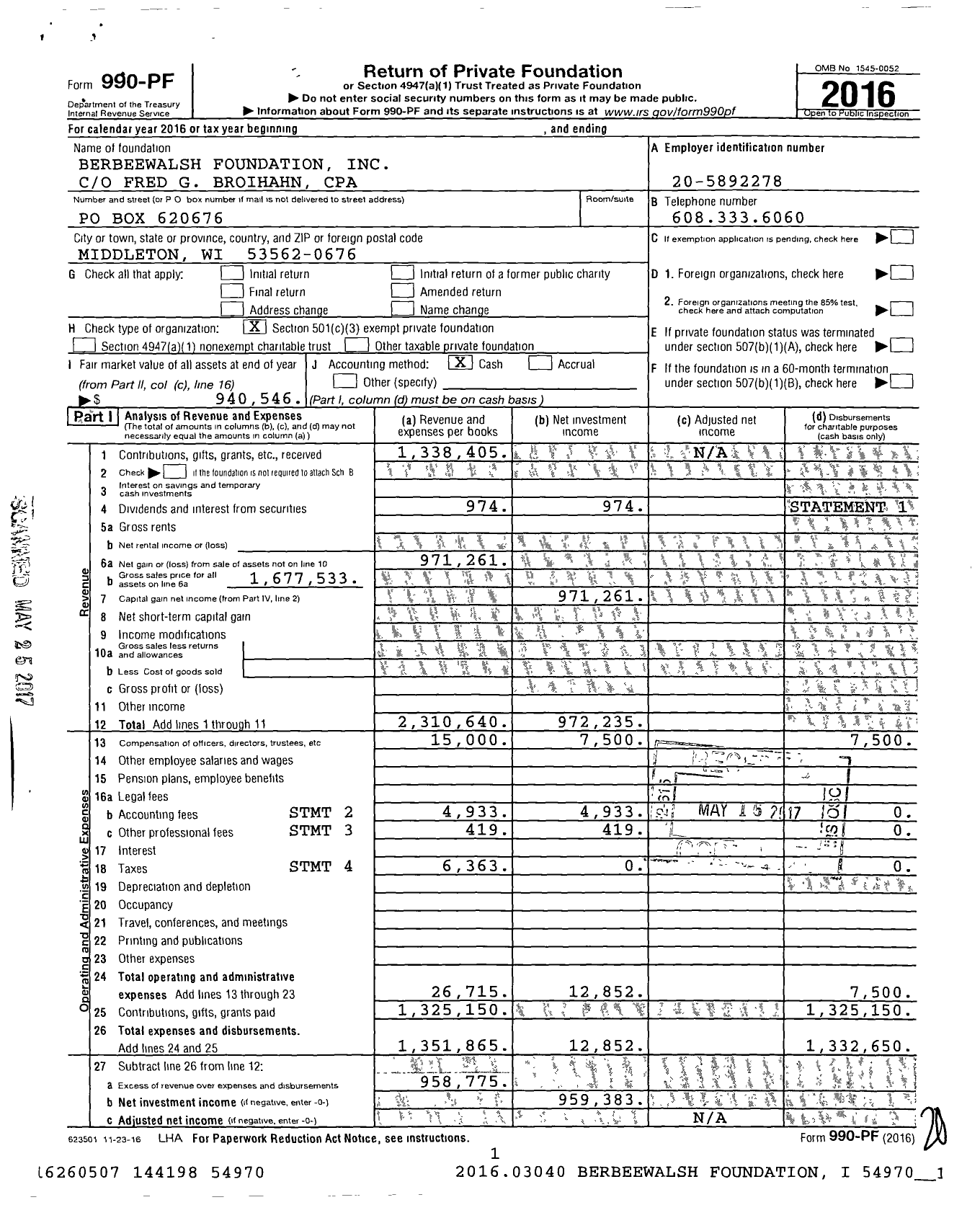 Image of first page of 2016 Form 990PF for Berbeewalsh Foundation