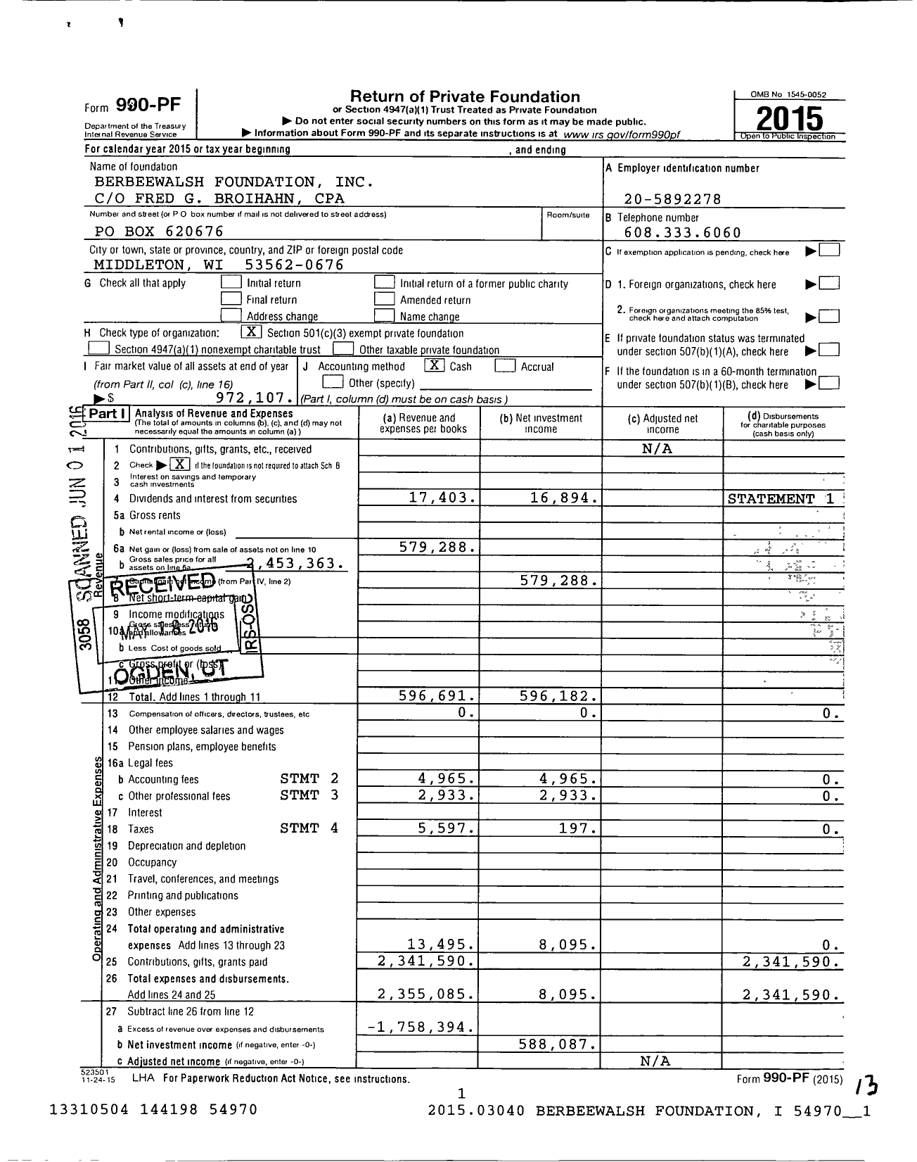 Image of first page of 2015 Form 990PF for Berbeewalsh Foundation