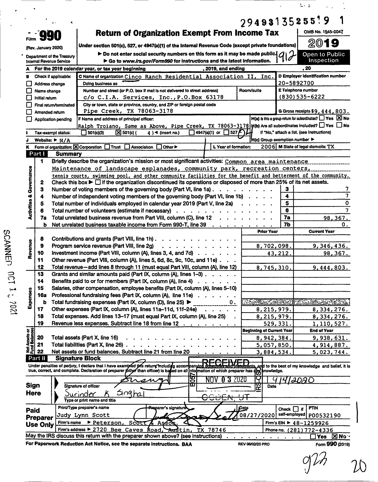 Image of first page of 2019 Form 990O for Cinco Ranch Residential Association II