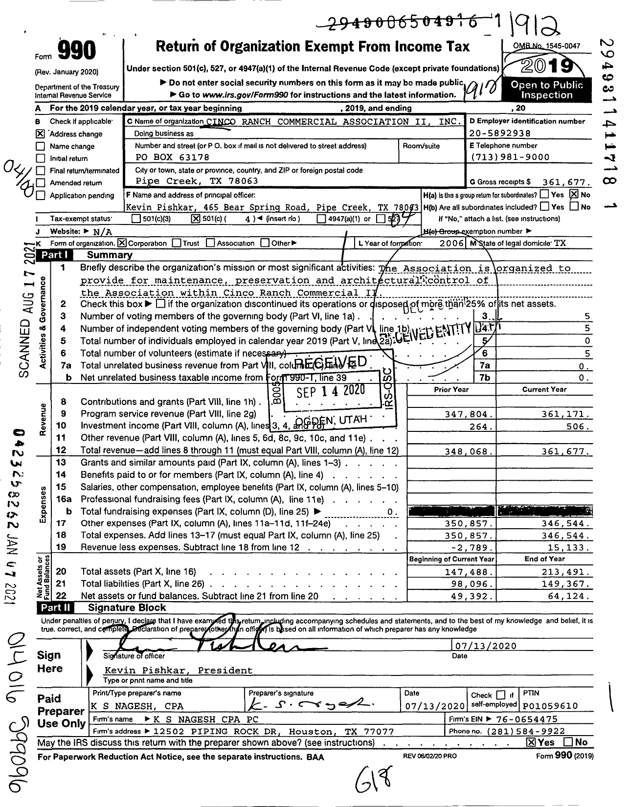 Image of first page of 2019 Form 990O for Cinco Ranch Commercial Association Ii