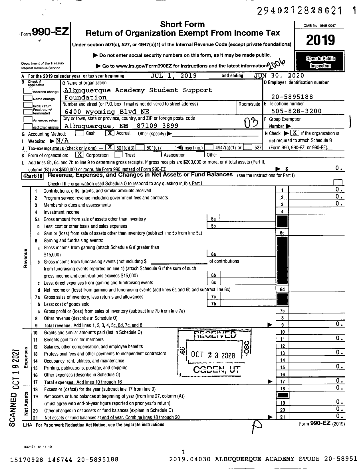 Image of first page of 2019 Form 990EZ for Albuquerque Academy Student Support Foundation