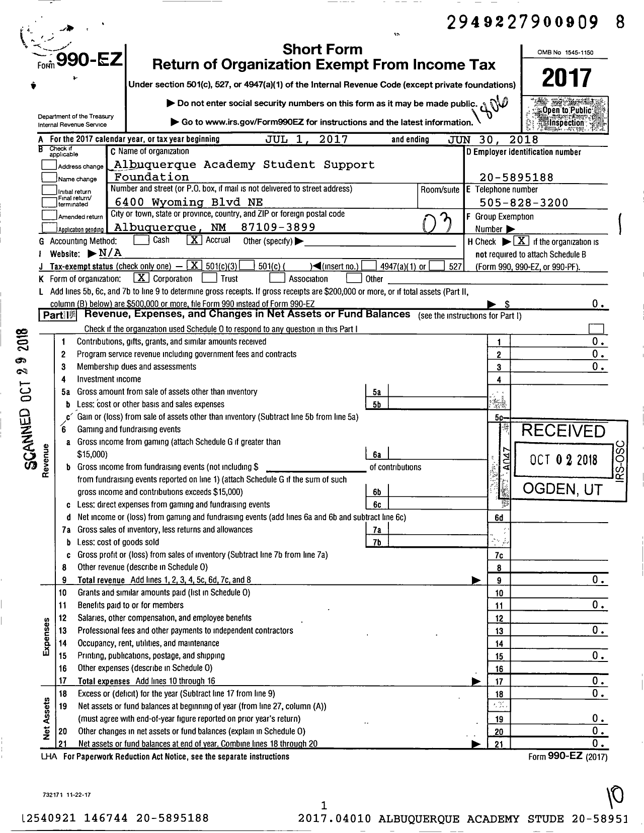 Image of first page of 2017 Form 990EZ for Albuquerque Academy Student Support Foundation