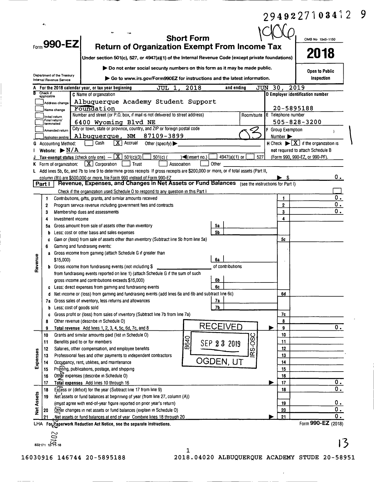 Image of first page of 2018 Form 990EZ for Albuquerque Academy Student Support Foundation