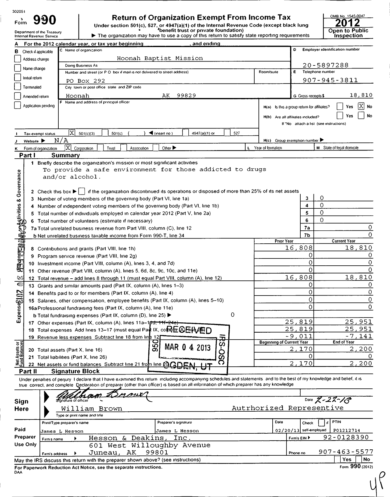 Image of first page of 2012 Form 990 for Hoonah Baptist Mission