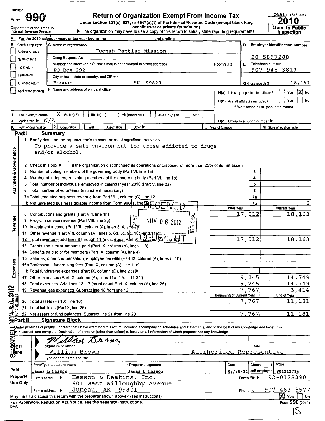 Image of first page of 2010 Form 990 for Hoonah Baptist Mission